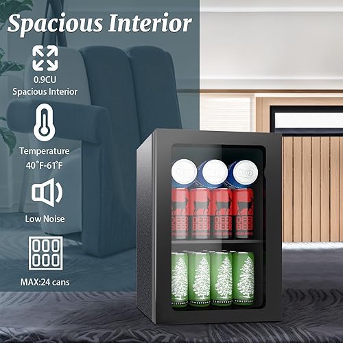 Miniatura 5 de Mini refrigerador de 24 latas, refrigerador de bebidas de 0.9 pies cúbicos con reversible para cerveza de vino, control de temperatura ajustable
