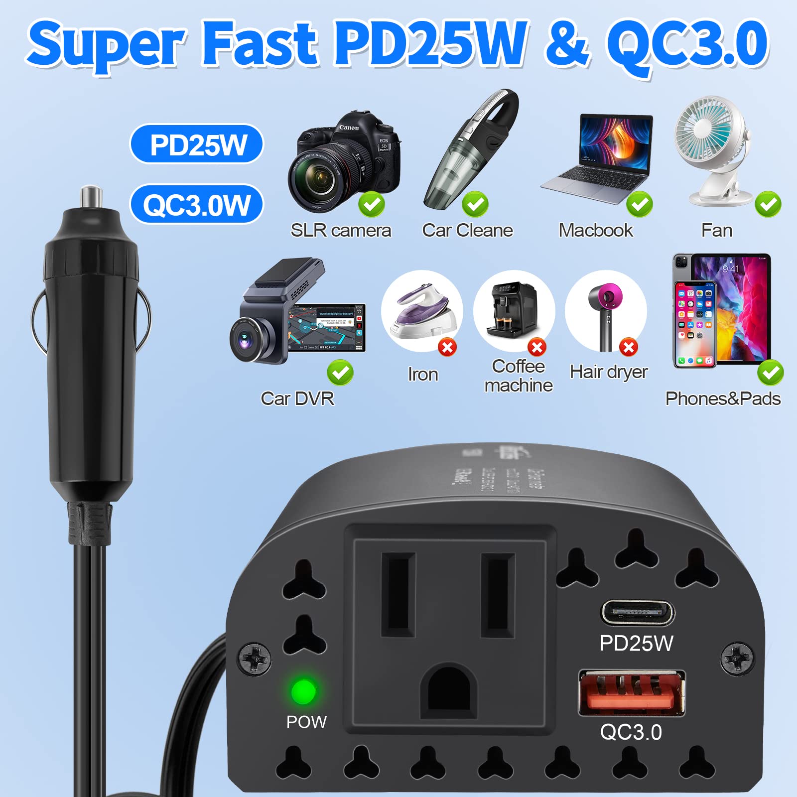 Bapdas 150W Car Power Inverter DC 12V to 110V AC Car Outlet Adapter with PD 25W &QC3.0 USB Ports Laptop Car Charger