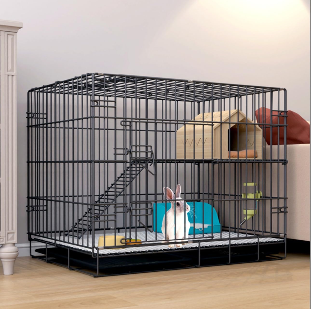 Jaula para conejos de interior, diseño de mallas estrechas y estructura reforzada, resistente y con gran capacidad de carga (negro, dos pisos 70 x 50 x 60 cm)