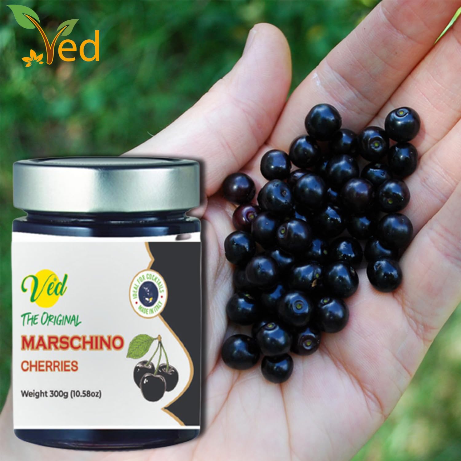 Cerezas al marrasquino originales Ved Gourmet - Cereza de cóctel italiana - Vegano, bourbon en almíbar natural, 300 g