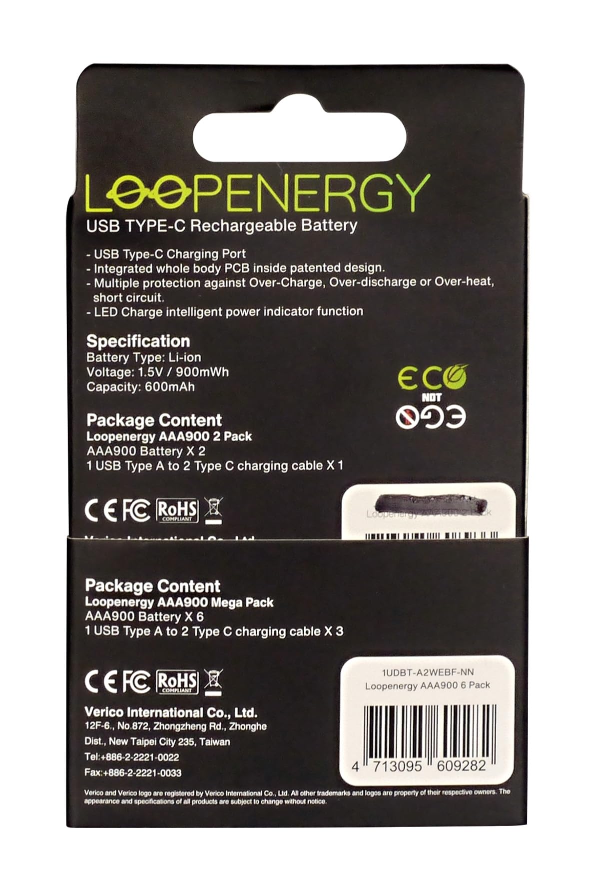 VERICO LoopEnergy AAA 900 Batería recargable USB-C AAA 1,5 V 900 mWh (600 mAh), ion de litio, 6 unidades, carga rápida mediante conector USB-C en aprox. 2 horas, 3 paquetes de 2 unidades AAA, 3 cables