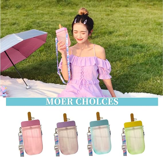 Cute Water Bottles with Straws Leakproof Popsicle Bottles with Shoulder Strap Creative Ice Cream Plastic Popsicle Drink Water Bottles Transparent Water Jug,Suitable for Adult Children (2 pack B)