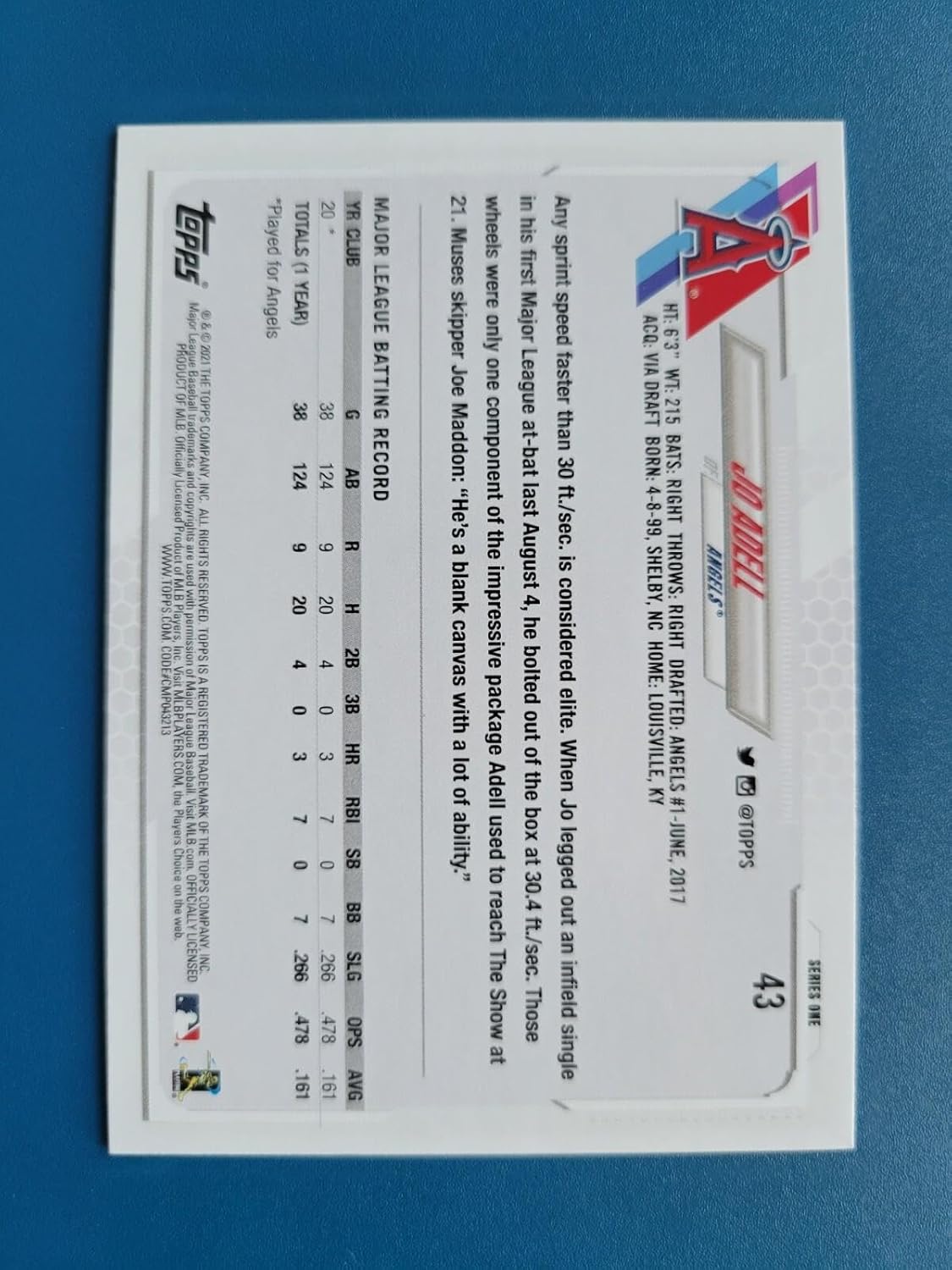 Jo Adell 2021 TOPPS SERIES ONE ROOKIE RC #43 LOS ANGELES ANGELS! - Baseball Slabbed Rookie Cards