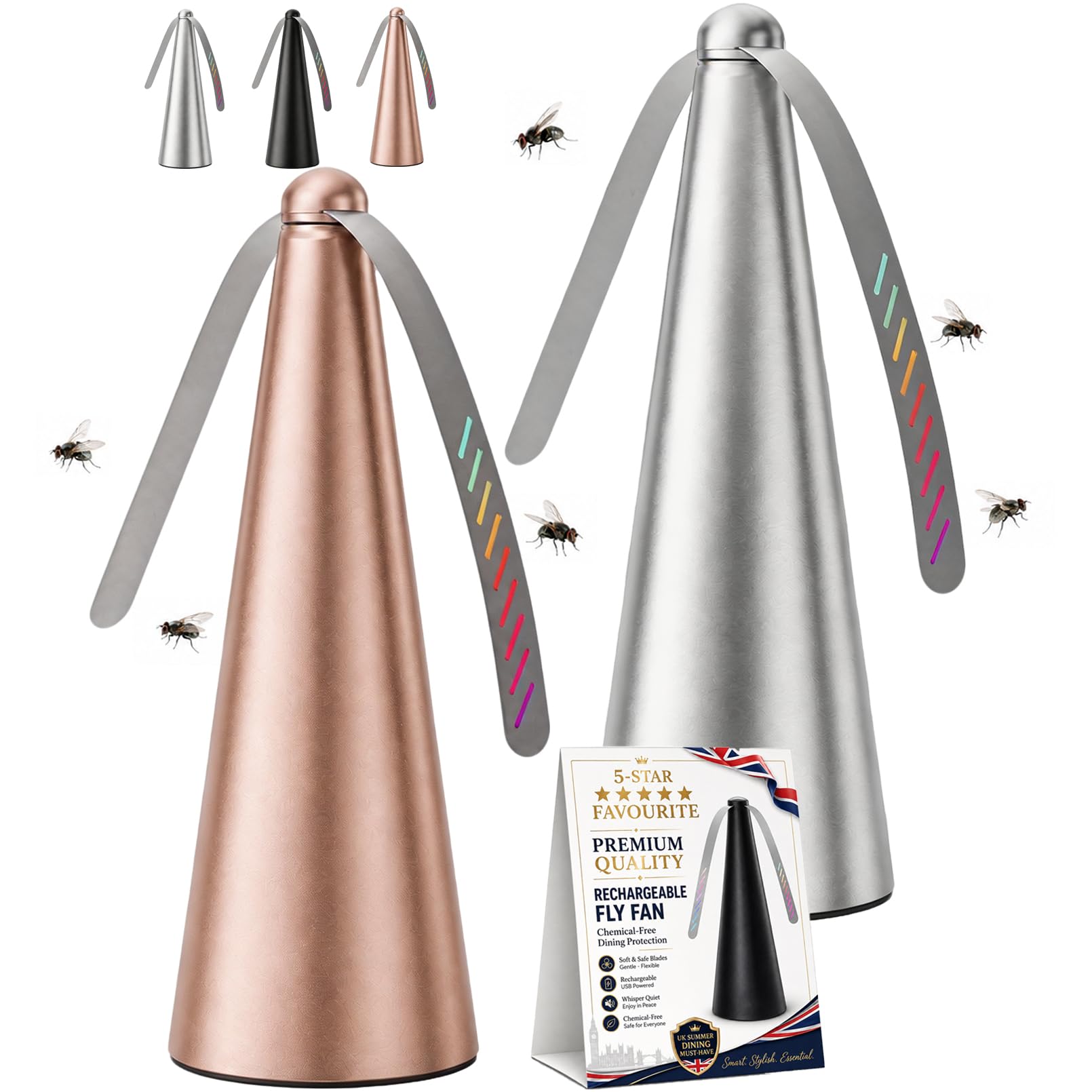 XIANGSHI USB Rechargeable Fly Repellent Fan, Fly Deterrent for Table, Double Side Soft Holographic Blades, Portable Effective Fly Repellents Fan for Indoor & Outdoor Picnic, Party Use (Gold+Silver) — image 1