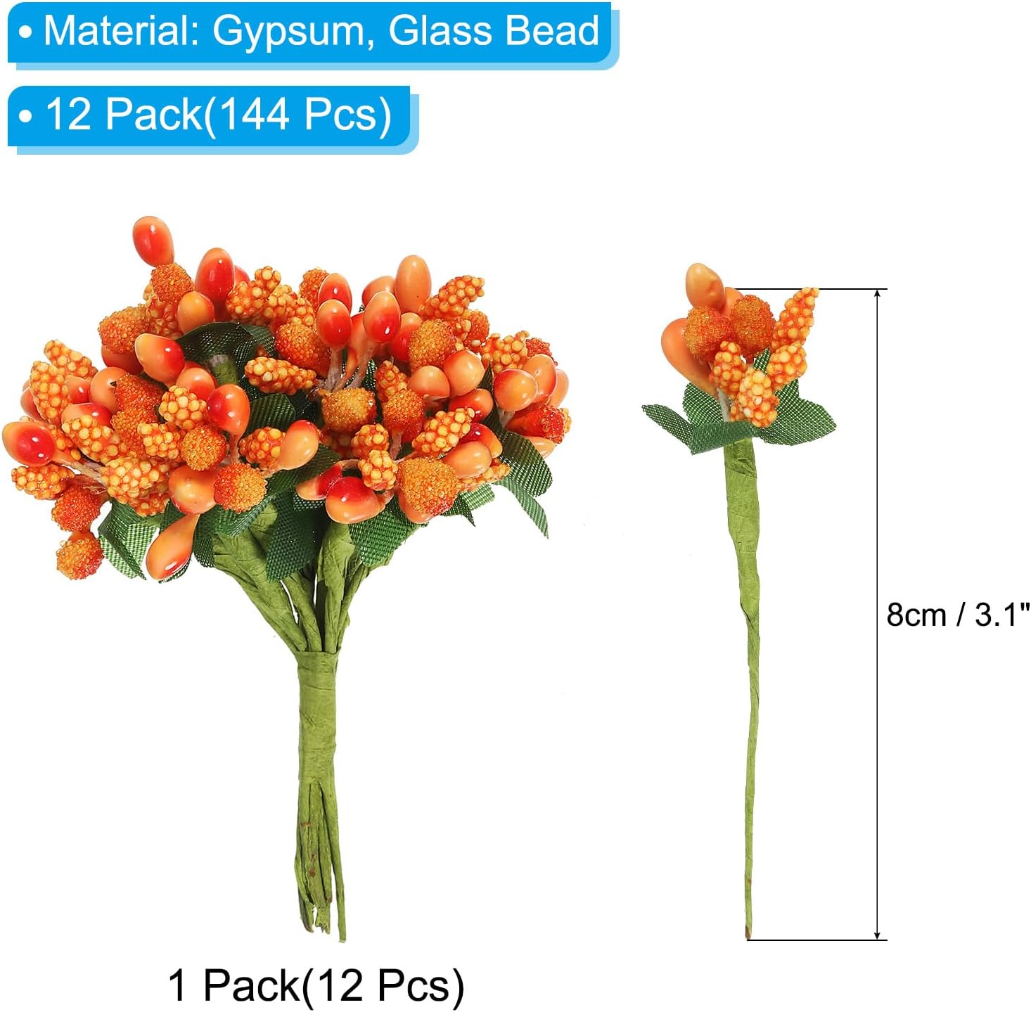 PATIKIL Mini Artificial Pip Berry Picks Bunch, 144Pcs Fruit Flower Stamens for Craft DIY Wreaths Wedding Floral Arrangements Decoration, Orange image 2