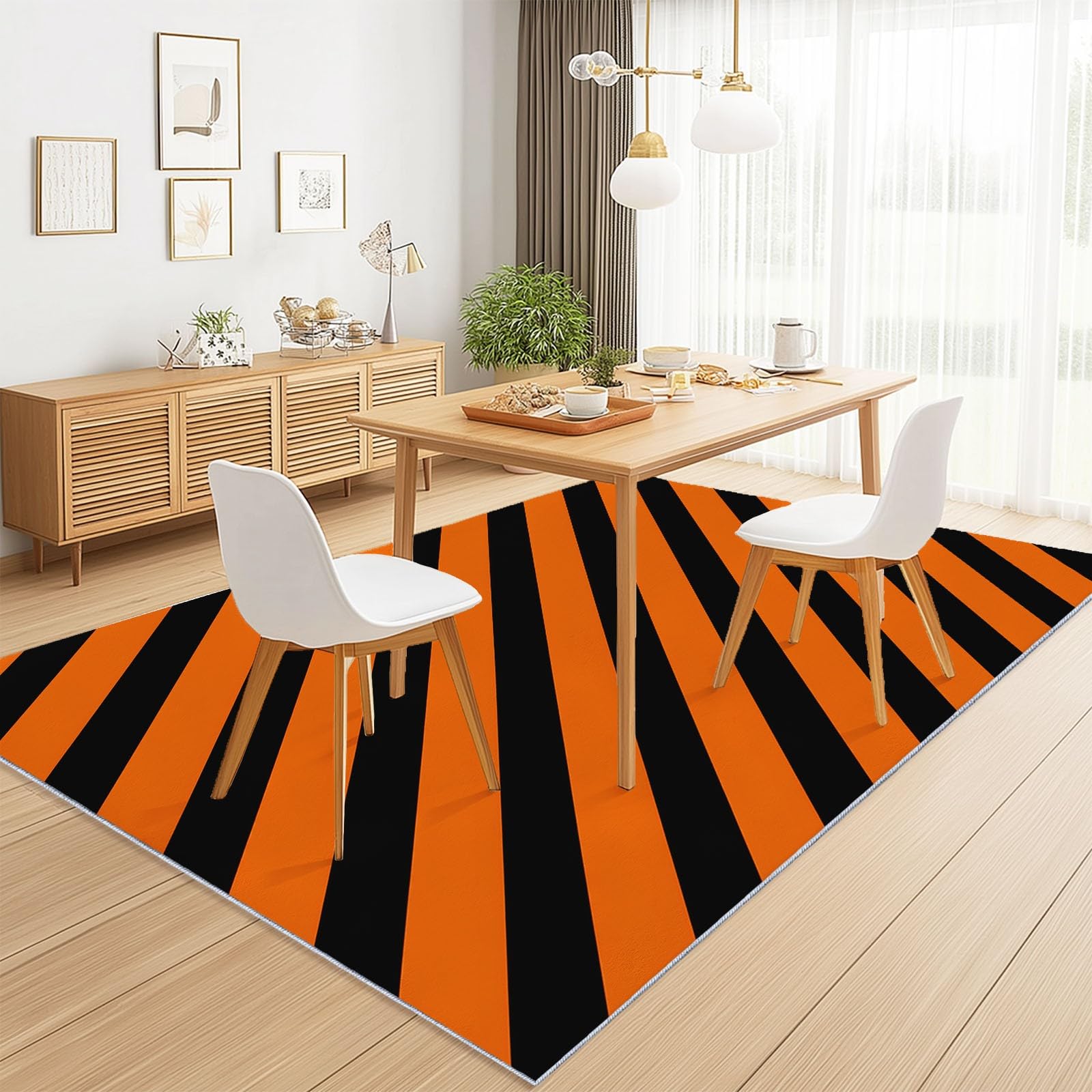 Dywan pomarańczowy czarny można prać w pralce 120 x 170 cm, prosty nadruk w paski symetria, antybakteryjna i antypoślizgowa podstawa odporna na plamy dywan do salonu sypialni biura