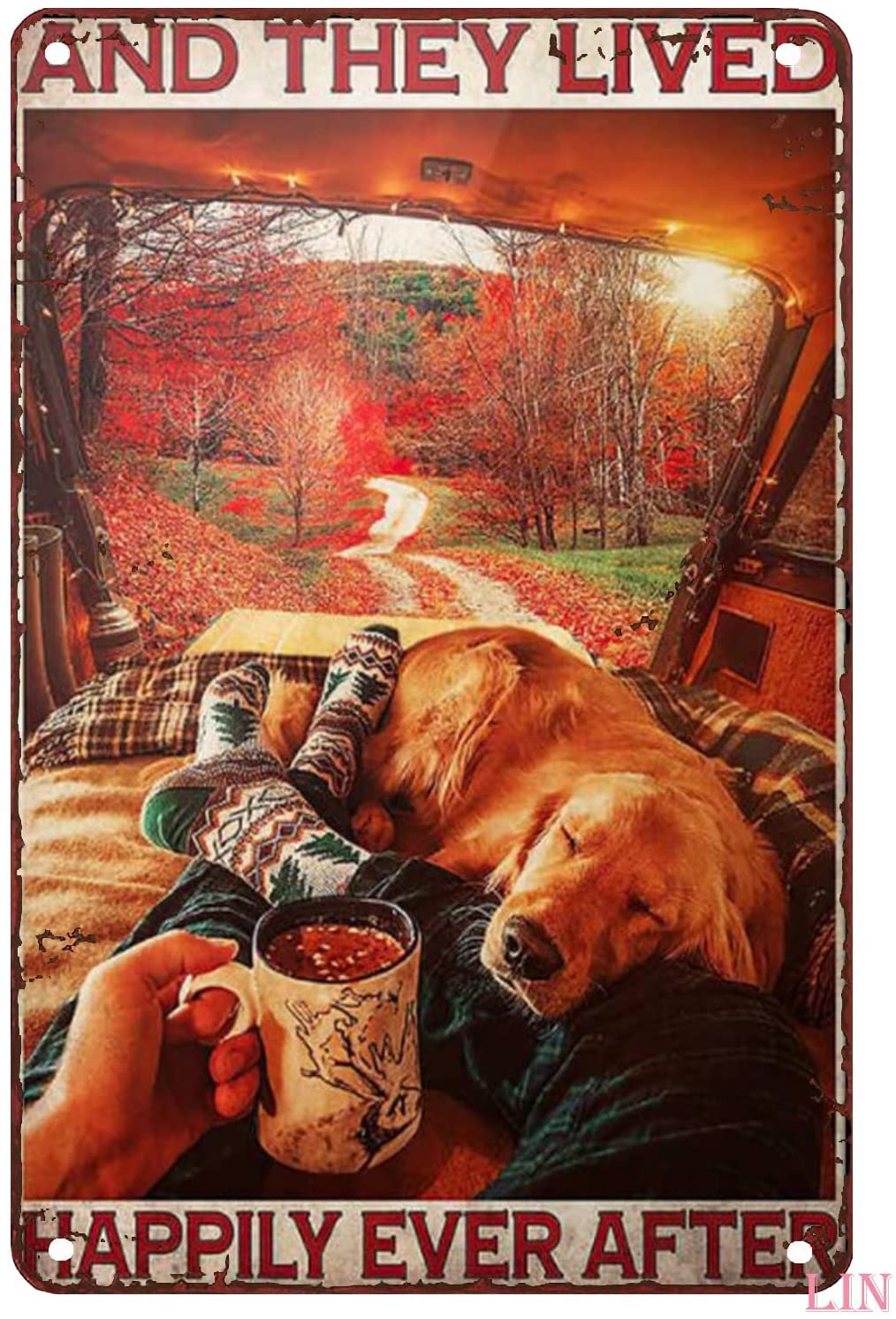 Funny Metal Signs And They Lived Happily Ever After Poster Camper Van Dog Camping And Golden Retriever Dog Lovers Travel Print Camping Gift Tin Sign Art Wall Funny Metal Signs Gift 8x12 Inch
