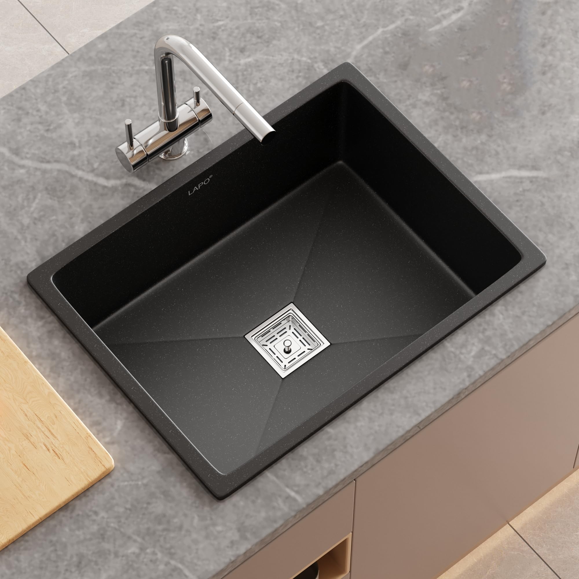 LAPO Quartz Kitchen Sink, Single Bowl Kitchen sink, Granite Quartz Kitchen Sink with Sink Coupling, Hose Pipe and Drainer Basket (24x18 Inches, Black Metallic Finish)-image-37