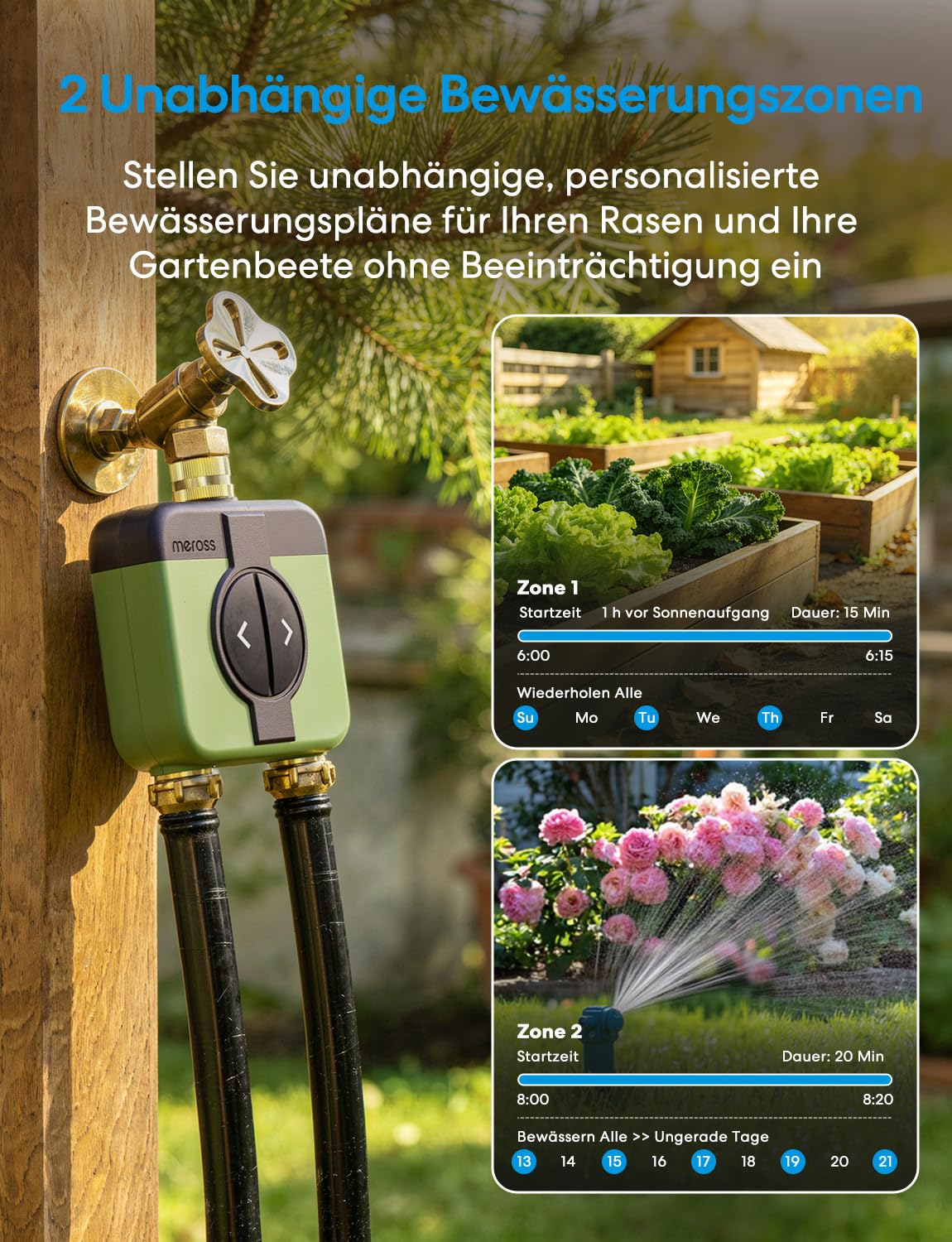 Meross Bewässerungscomputer WLAN 2 Ausgänge MST200, Automatische Bewässerung & Fernsteuerung, Regenverzögerung & Wasserverbrauchsmonitor, kompatibel mit Apple Home, Alexa & Google Home, Grün, 2.4GHz