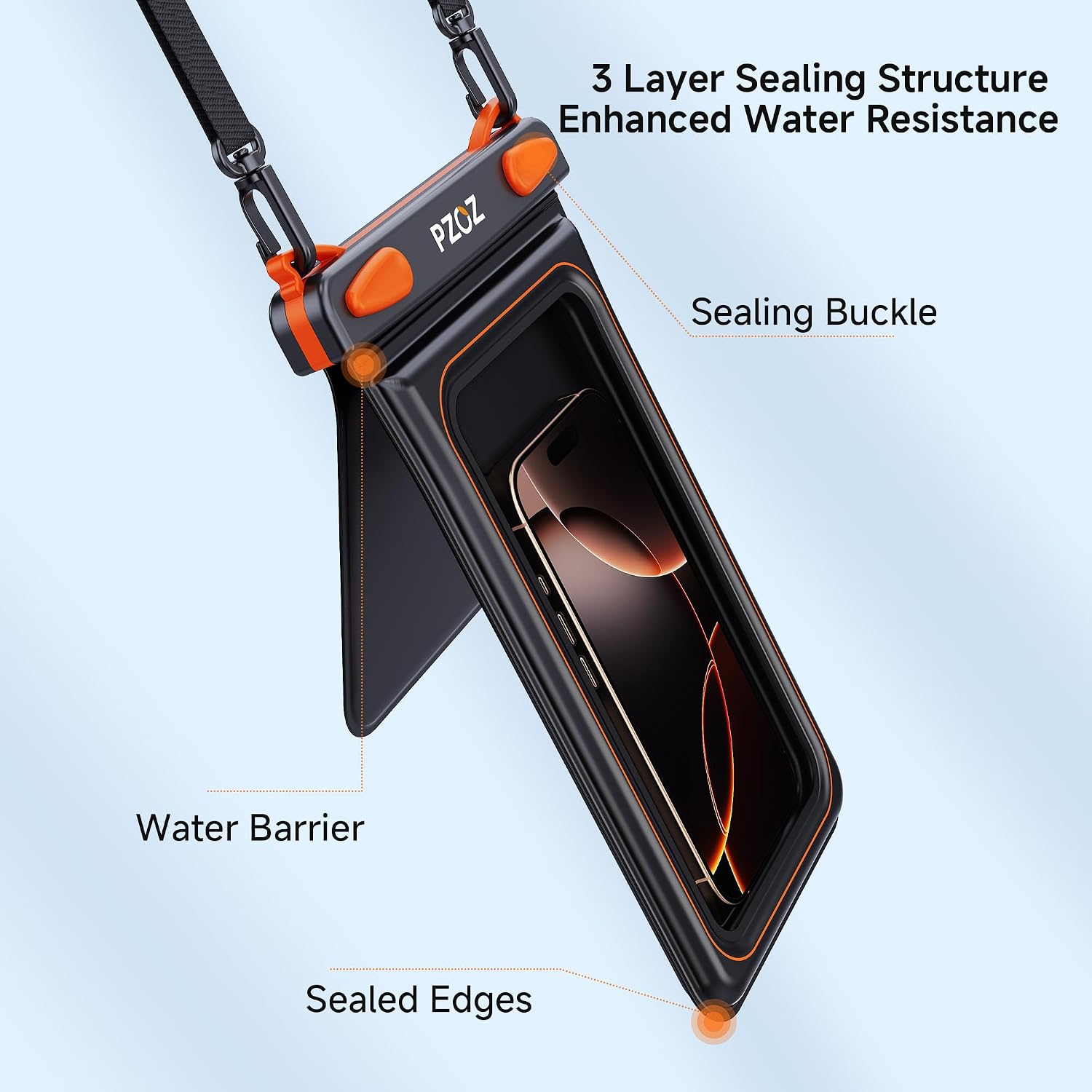 pzoz Waterproof Phone Pouch Universal Case Double Bag Easy Lock & Heavy Duty IPX8 for iPhone/Samsung/Airpods/Apple Watch/Cigarettes/lighters/Keys/Card Dry Protector Waterproof Storage Black-Orange