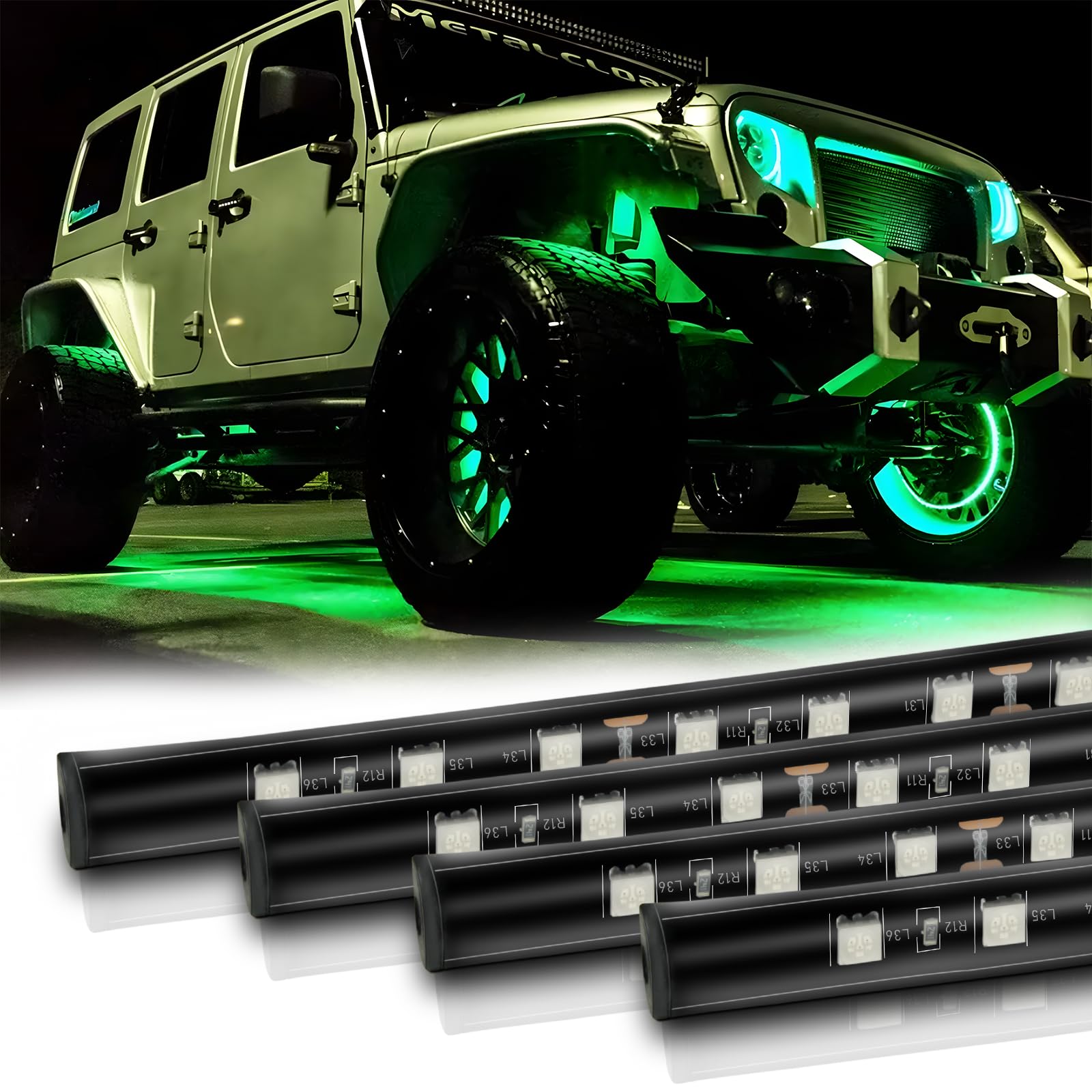 12V Green LED Strip Lights, Waterproof, Cars &amp; Golf Carts, 4 Pack