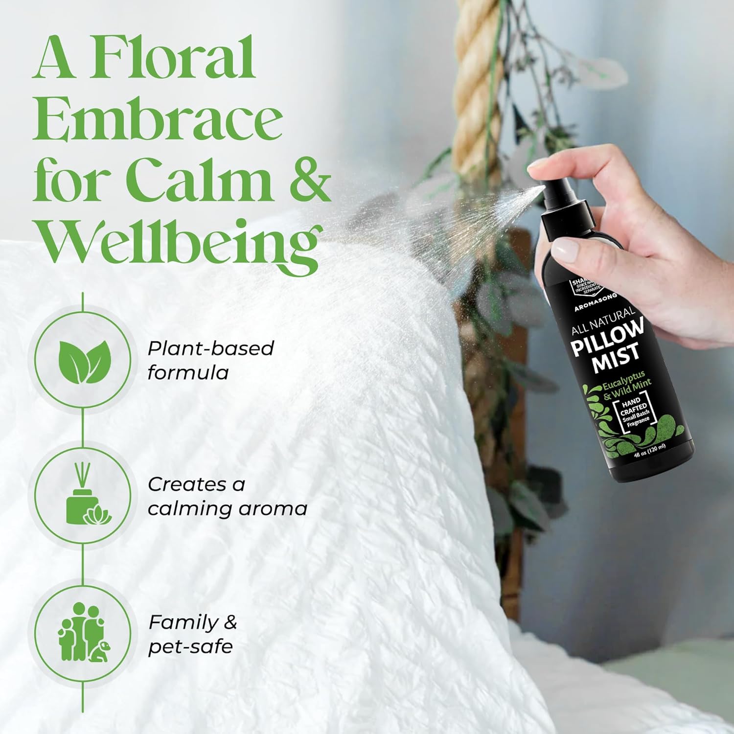 Aromasong Eucalyptus Pillow Spray For Sleeping - All Natural Calming Linen & Bedtime Sleep mist For Deep Sleep - Pillow Spray Aromatherapy With Botanical Essential Oils For Relaxing Stress - Image 3