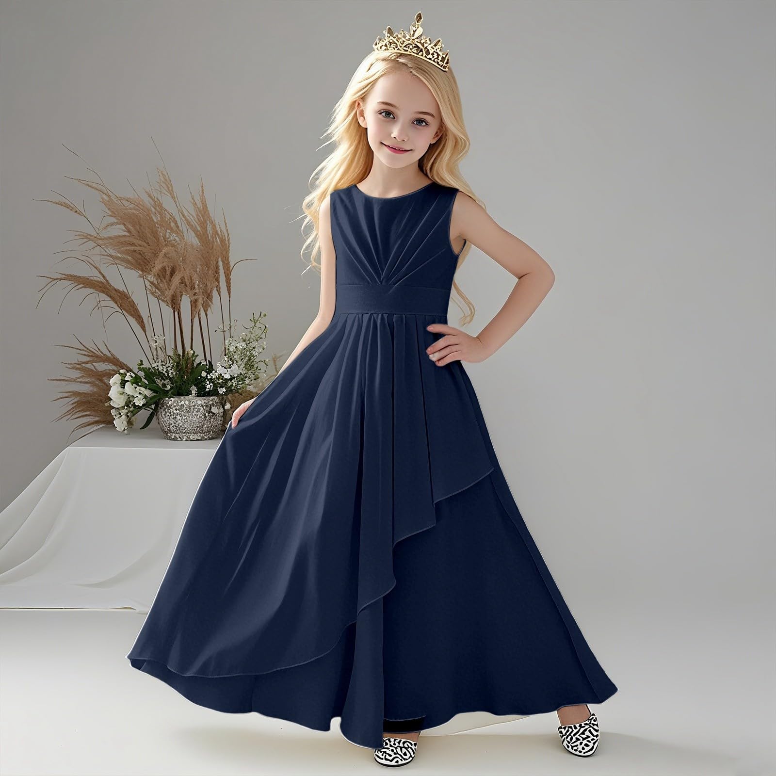 Generisch Elegante abito da bambina senza maniche, con scollo rotondo, adatto per esibizioni, matrimoni, eventi all'aperto, creazione elegante senza maniche, perfetto per la primavera