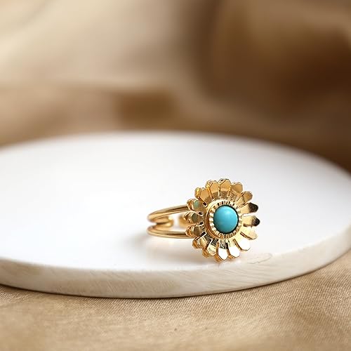 Miniatura 4 de Gempires Green Onyx Ring, Hammered Flower Ring, Adjustable US Size 6 to US Size 9 Ring, Womens Jewelry, Hypoallergenic 14k Gold Plated, Lightweight,