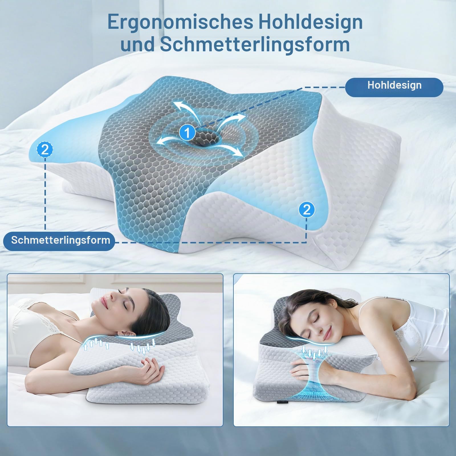 SAHEYER Nackenkissen Memory Foam Orthopädisches Kissen, Ergonomisches Kopfkissen Nackenstützkissen, Seitenschläferkissen Schlafqualität Verbessern, 60 x 35.5 x 10/13CM, Hellgrau