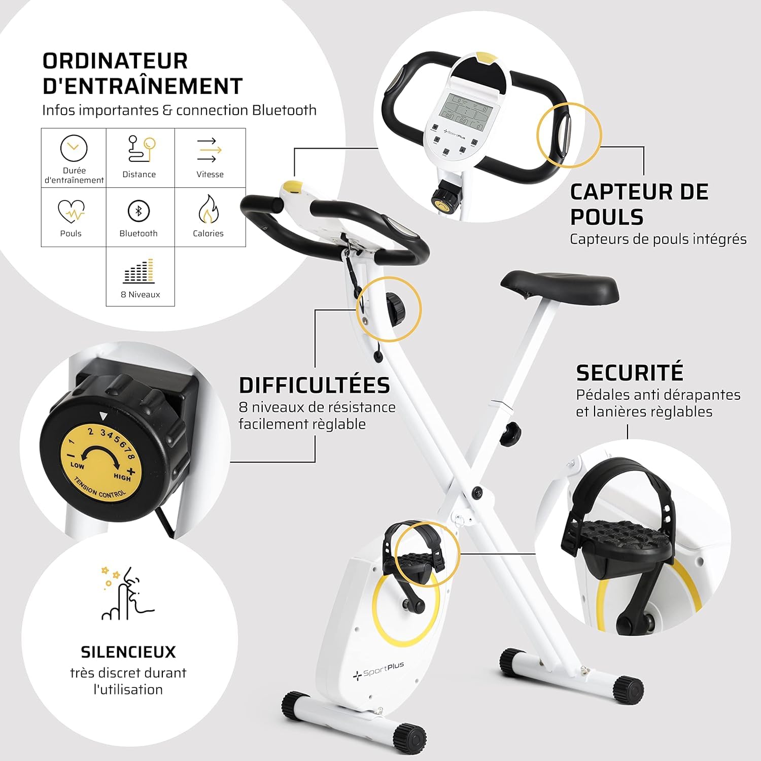 SportPlus Vélo d'appartement pliable silencieux pour la maison compatible avec l'application Fitnessbike
