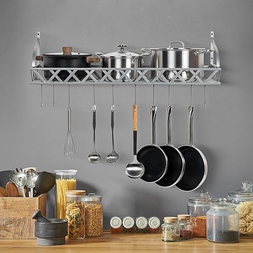 Miniatura 4 de MyGift Estante de almacenamiento de utensilios de cocina de metal plateado montado en la pared para ollas, sartenes y utensilios de cocina con 12