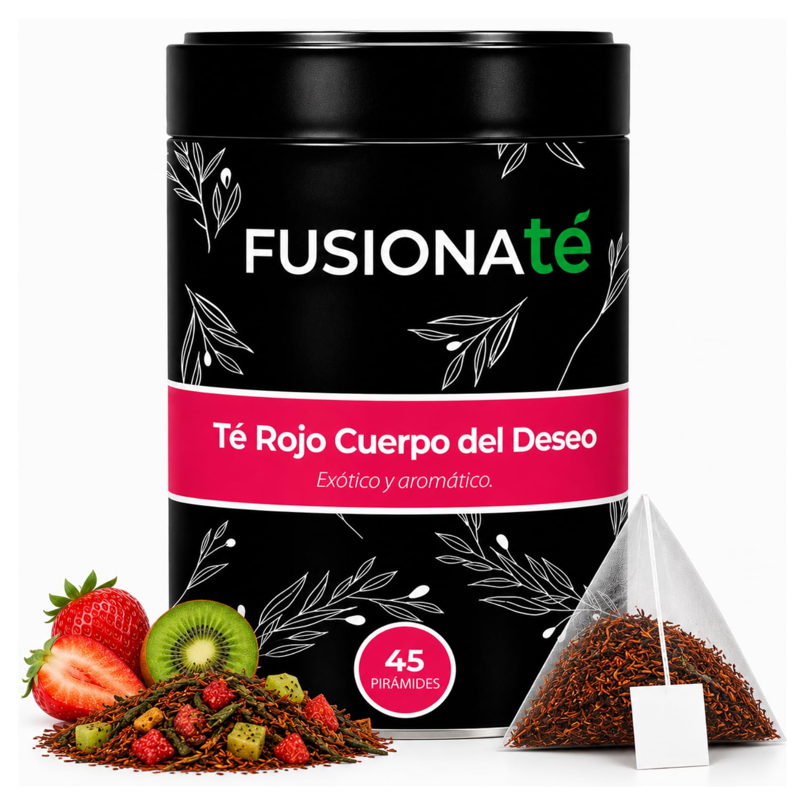 FUSIONATE, Té Rojo Cuerpo del Deseo, Delicioso Té Rojo con Fresa, Kiwi y Flor de Jamaica, Lata de 45 pirámides Bolsitas de Té, Infusión 100% Natural y Revitalizante