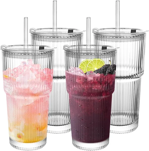 CHPINDAM Ribbed Drinking Glasses,with Lids and Straws Glass Cup,19oz Glass cup,4 Pack Old Fashioned Glasses,Thickened for iced coffees,cocktails and juices, perfect for families and parties (4)