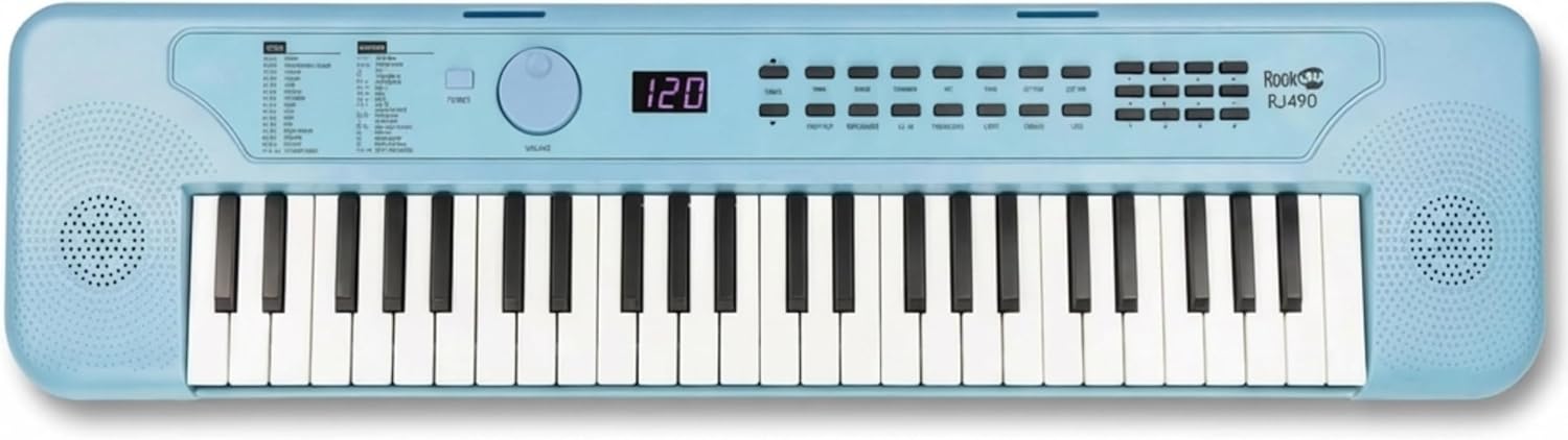 RockJam 49 Key Keyboard Piano, Portable Electronic Music Keyboard with Speakers, USB-C Power or Battery Operation, Headphone Input, 200 Tones, 200 Rhythms, Note Stickers & Lessons
