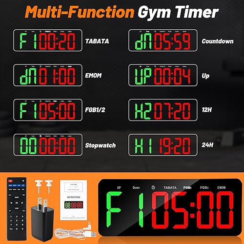 Miniatura 6 de Reloj temporizador de gimnasio para TabataFBGEMOM - Reloj de entrenamiento grande para gimnasio en casa con control remoto, cuenta regresiva y hacia