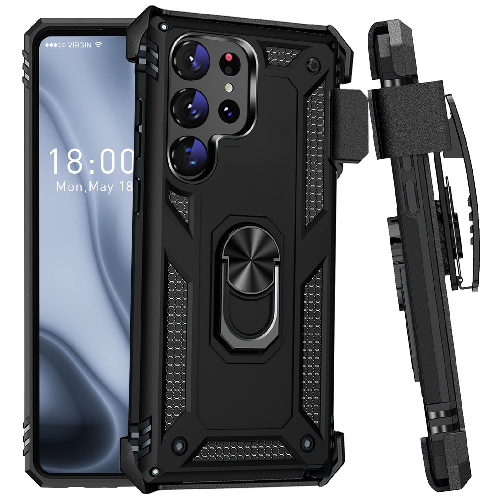 for Galaxy S23 Ultra Case, Samsung S23 Ultra Case with Belt Clip Holster Ring Holder, Shockproof Protection Case[Fit for Magnetic Car Mount] Cover for Samsung Galaxy S23 Ultra (Black)
