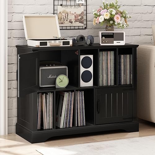 Soporte grande para tocadiscos con almacenamiento para vinilos - Soporte para tocadiscos de 39.5" con gabinete de madera estilo granja y puertas