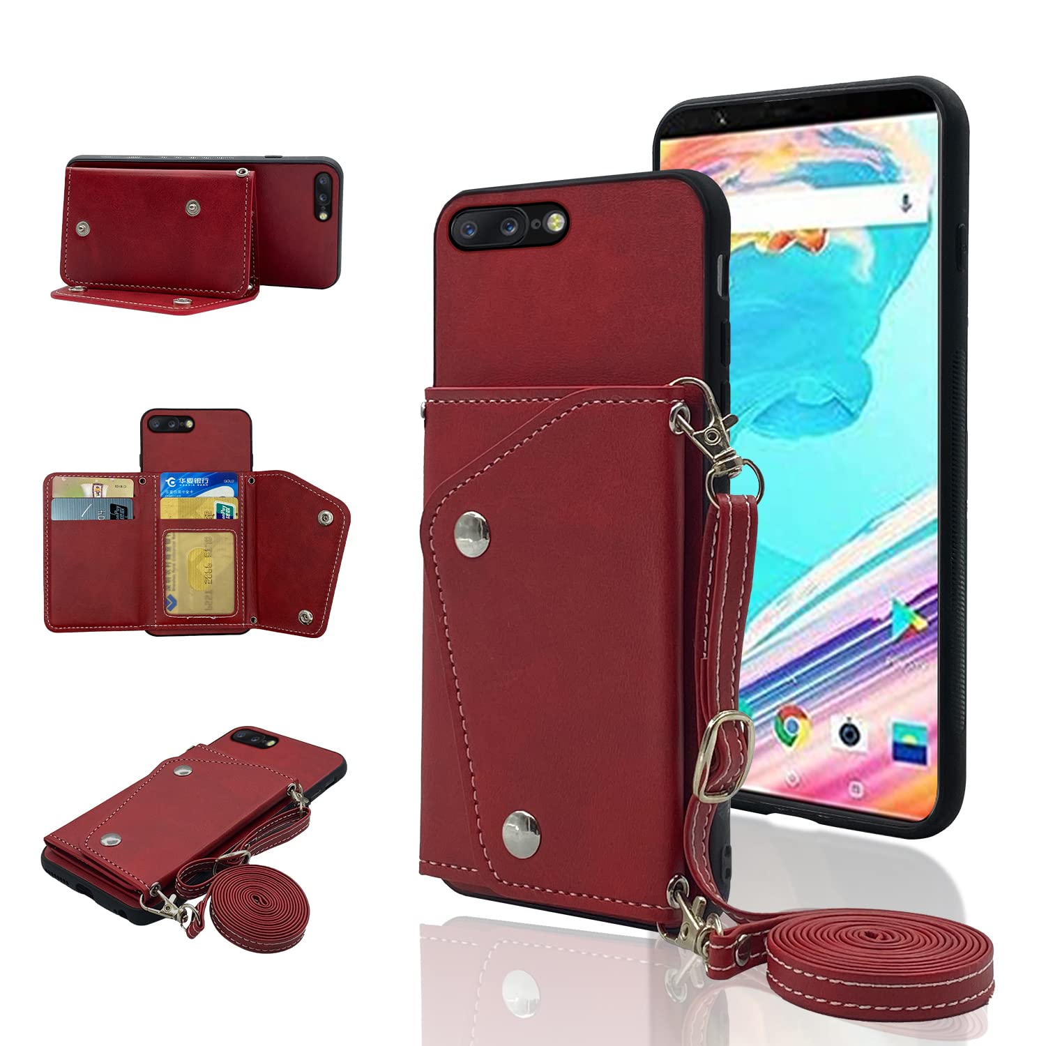 Compatible with OnePlus 5T Wallet Case with Crossbody Shoulder Strap and Stand Credit Card Holder Cell Accessories Phone Cover for OnePlus5T A5010 One Plus5T 1 Plus T5 1plus One+ + 1+ 1+5T Red