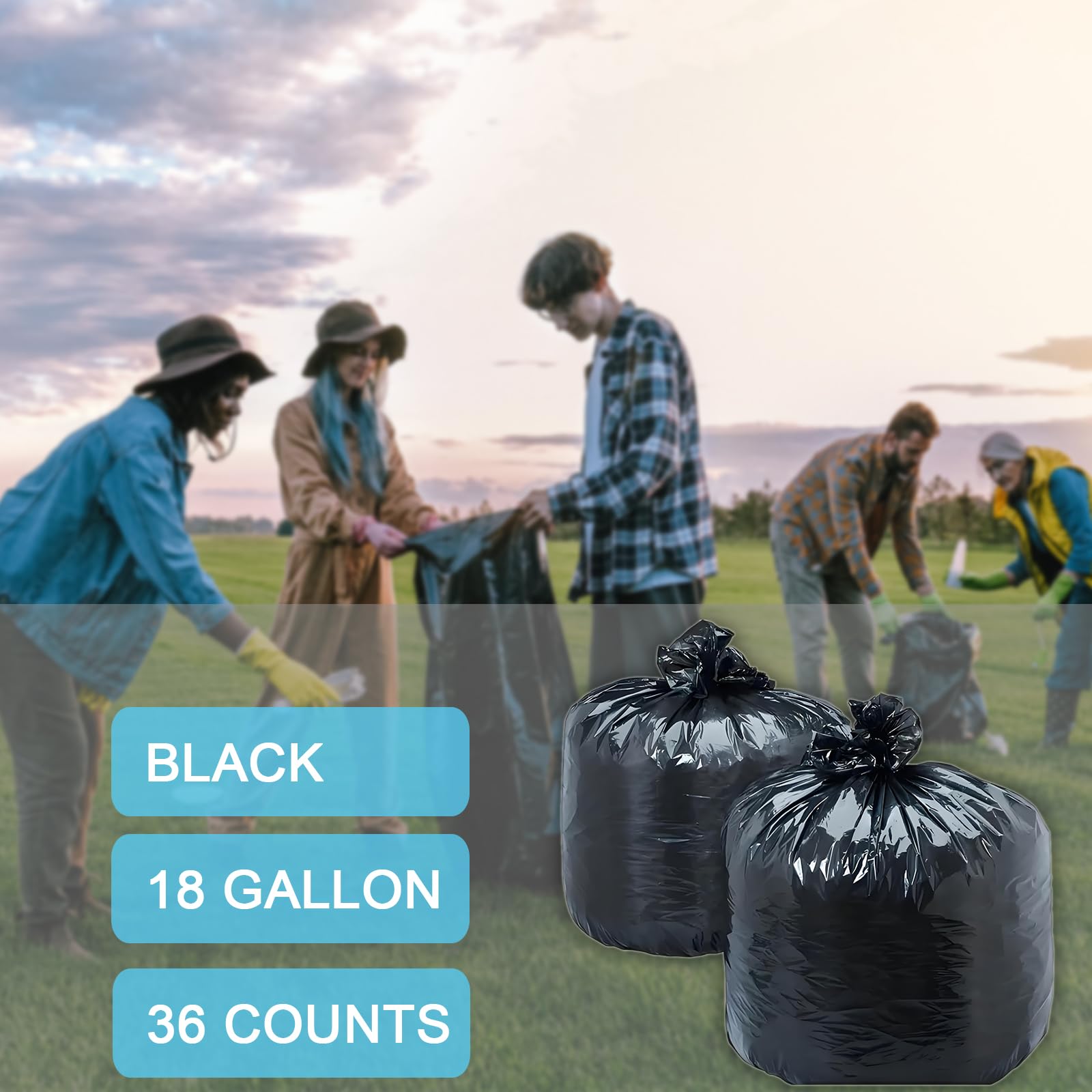 Bolsas de basura de 18 galones, bolsas de basura extra fuertes de 1.5 mil, para cocina, hogar, césped, sin perfume, color negro, 36 unidades