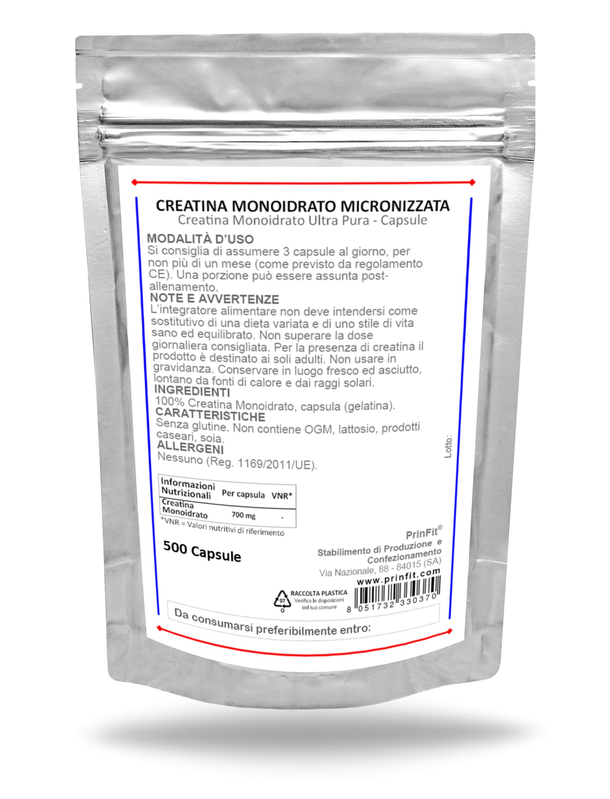 500 capsule di Creatina monoidrata micronizzata ad alto dosaggio - pura in polvere senza additivi, MERCURIO FREE testata in laboratorio per Palestra, Sport, Fitness e Pre Workout - Creatine Monoidrato