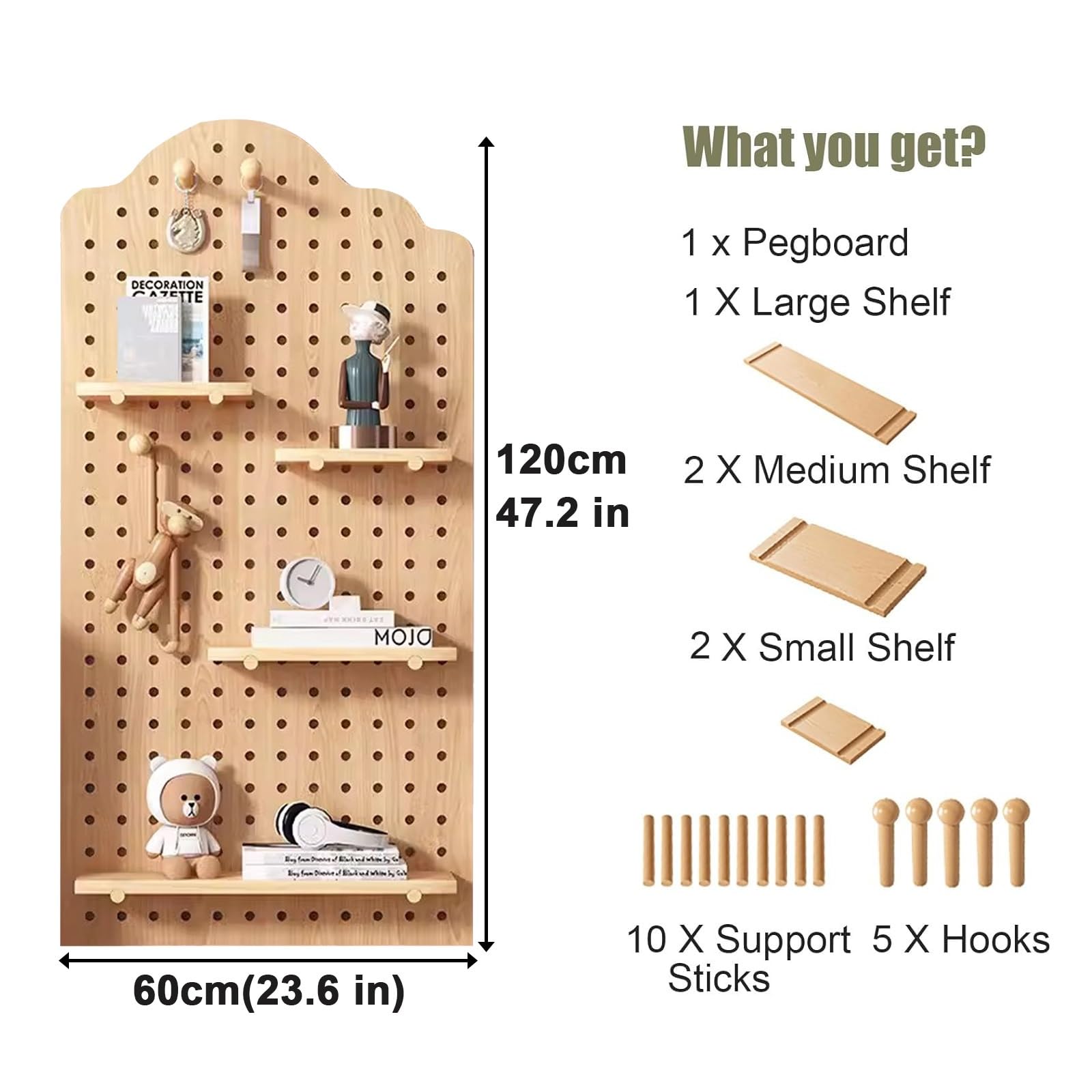 JXYQZD Pegboard Wall Organizer for Home/Craft Room/Office, Wall Mount Shelf Pegboard Organizer Kit, Wall Decorative Holder DIY Office Home Entrance Ornaments Display Holder(Natural)