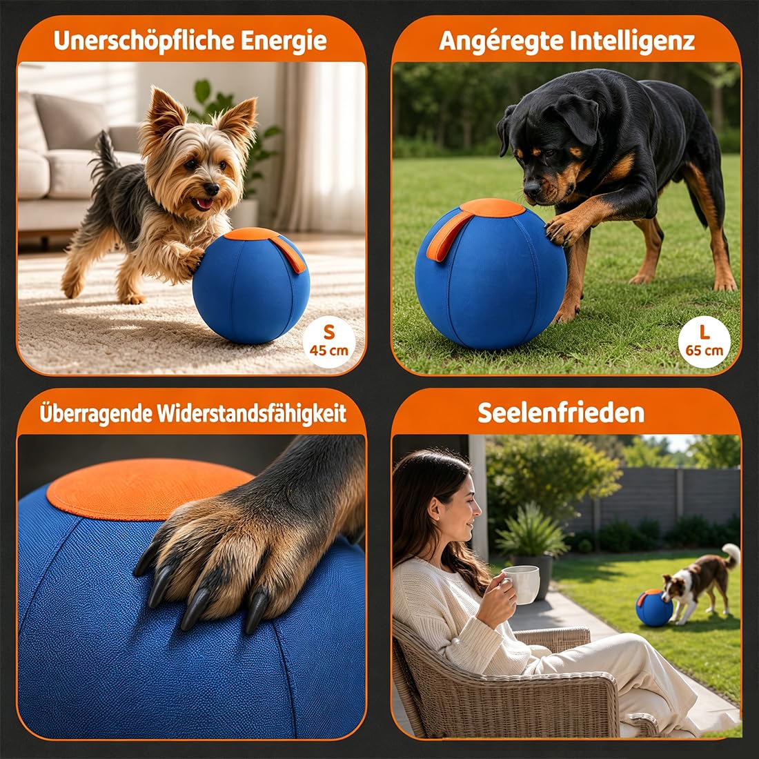 Treibball für Hunde – 45/65 cm Aufblasbarer Bissfester Herding Ball mit Tragegriff, Reißfestes Interaktives Hundespielzeug für Hütehunde & Große Rassen, Training und Auslauf (B, 65CM)