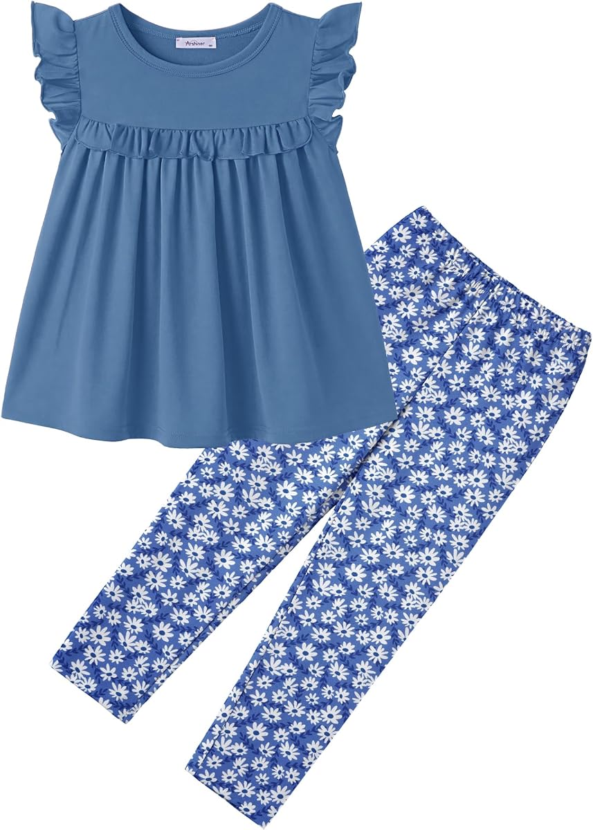 Arshiner Toddler Girls 2 Piece Outfits Peplum Top and Elastic Waist Pants | Size 2-10Y, All-season wear, Soft and Breathable, Fit for School Play, Picture Day, Daily Wear, Wedding, Trip, Beach, etc