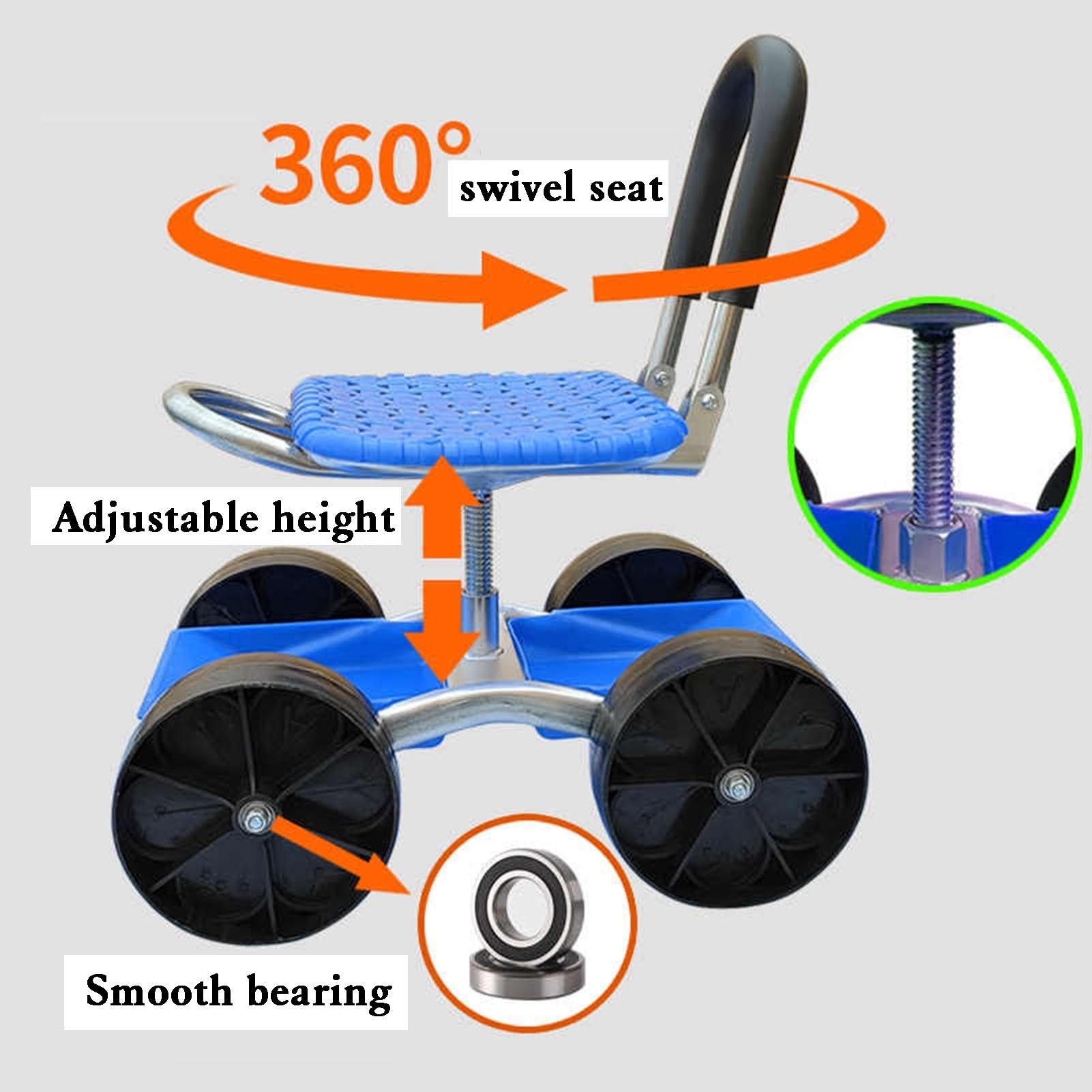 Carrello da giardino girevole a 360° con sedile e 3 ruote, per lavori di giardinaggio all'aperto, per piantare il prato, strumento mobile da giardinaggio per una manutenzione del giardino senza sforzo