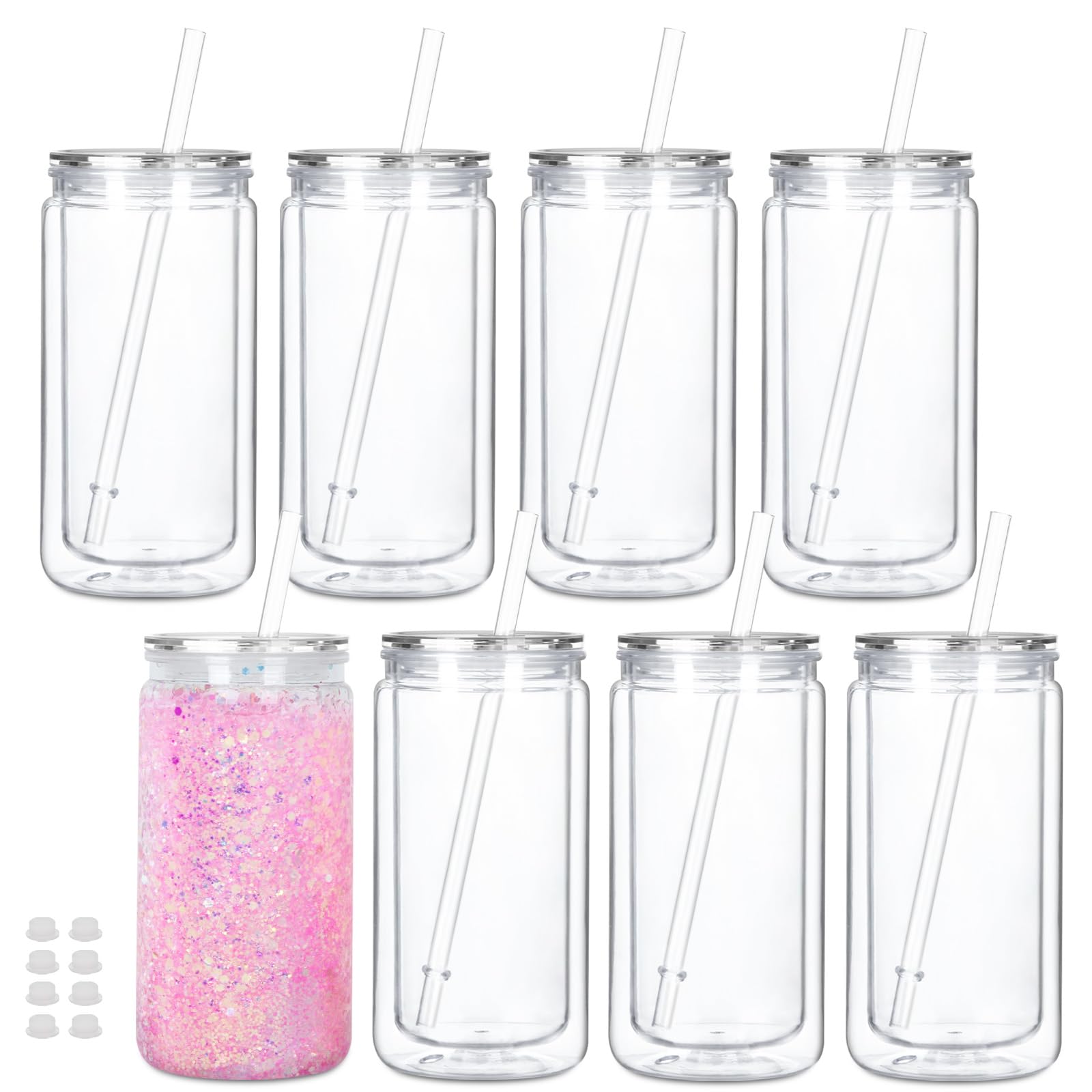 Cosictic 8 Stück Mehrweg Kunststoff-Schneekugelbecher mit vorgebohrtem Loch. 473ml Unzen Doppelwandiger Kunststoff-Tumbler mit klarem Deckel und Trinkhalm.