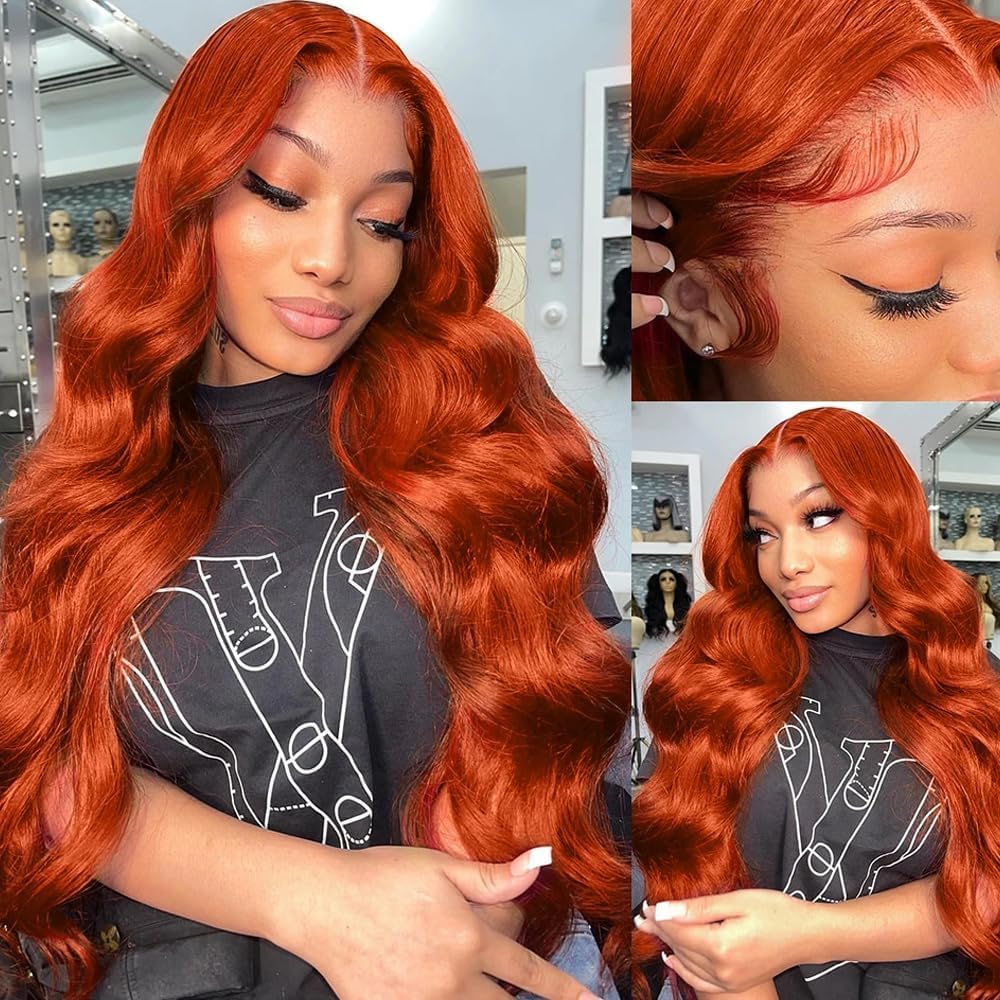 dorbess 26 Inch 13x6 Ginger Lace Front Wigs Human Hair Body Wave Lace Frontal Wig 13x6 HD Lace Front Wigs Pre Plucked Human Hair Wigs For Black Women Ginger Orange 350# Colored Glueless Wigs