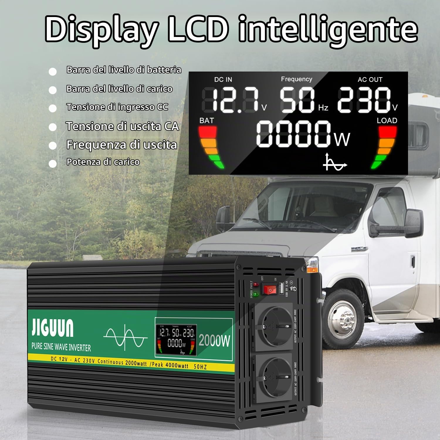 JIGUUN 2000W inverter 12v 220v onda pura Trasformatore con 2 prese EU e una porta USB 2.4A Telecomando senza fili e display LCD Potenza di picco 4000W per camion camper emergenza