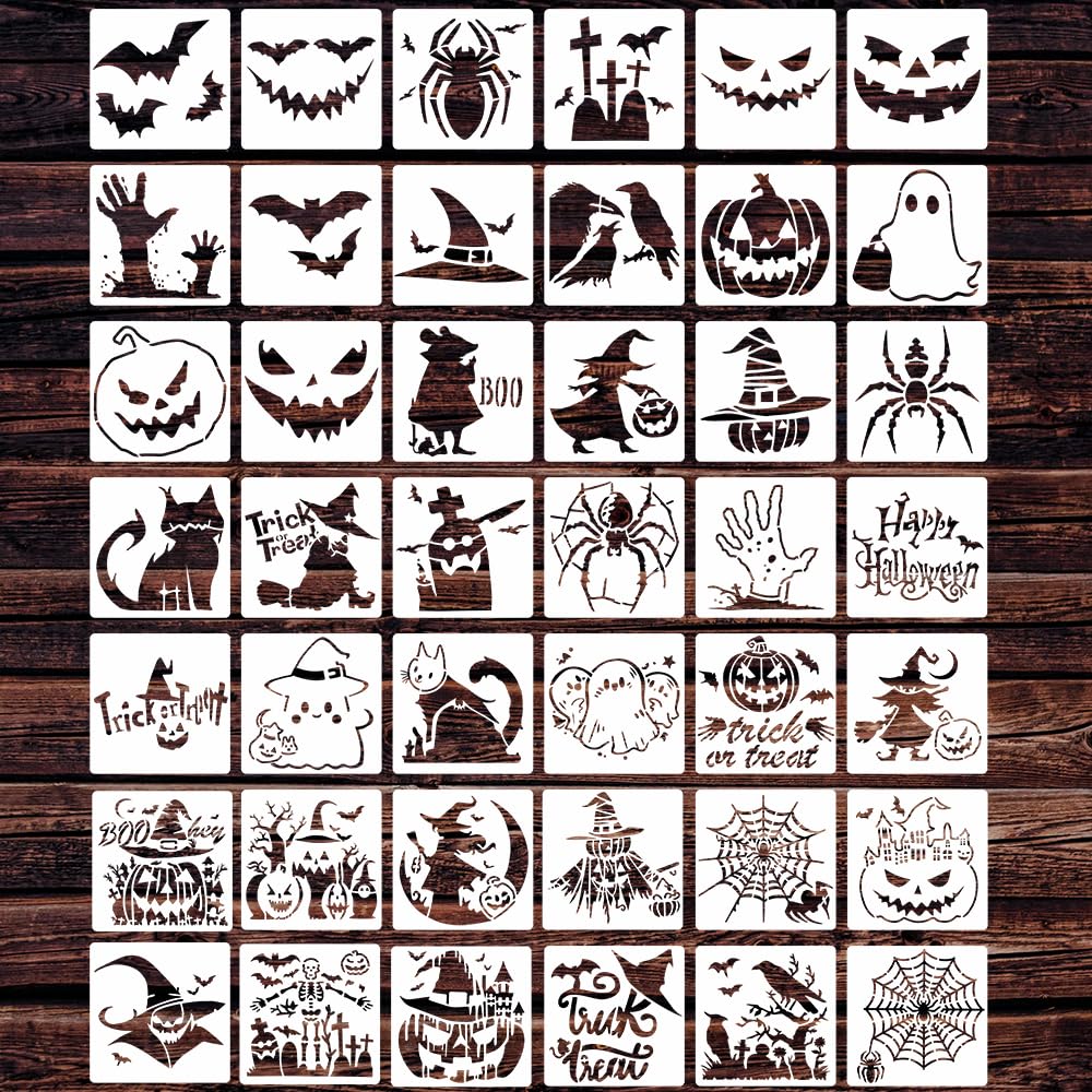 BAISDY 42Pcs Small Halloween Stencils 3in Reusable Halloween Pumpkin Bat Witch Spider Ghost Stencil for Painting on Wood DIY Craft Halloween