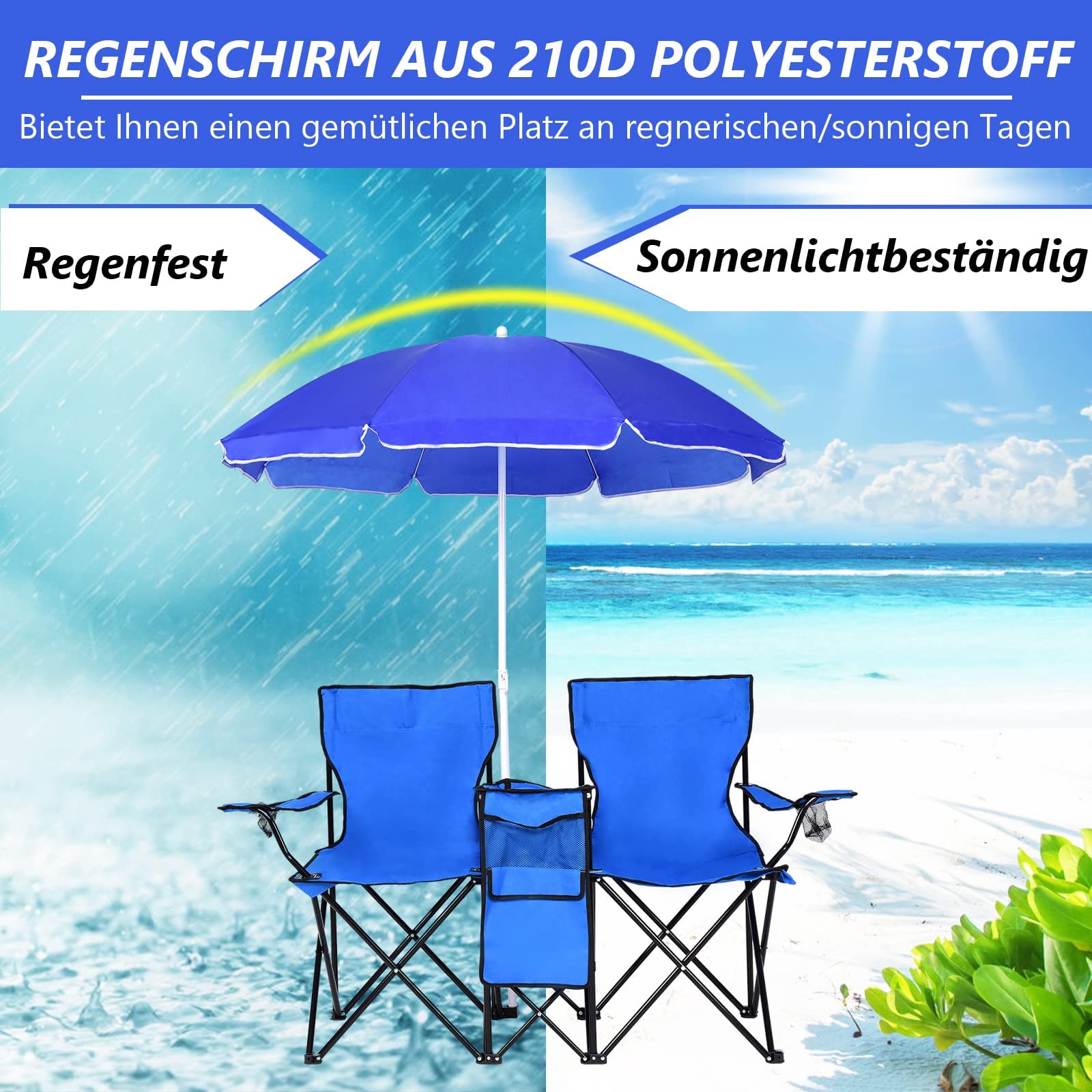 GYMAX Sedia da Campeggio Pieghevole per 2 Persone con Ombrellone, Poltrona da Campeggio con Tasche, Portabicchieri e Borsa da Trasporto, Ideale per Spiaggia, Pesca, Barbecue, Picnic (Blu)