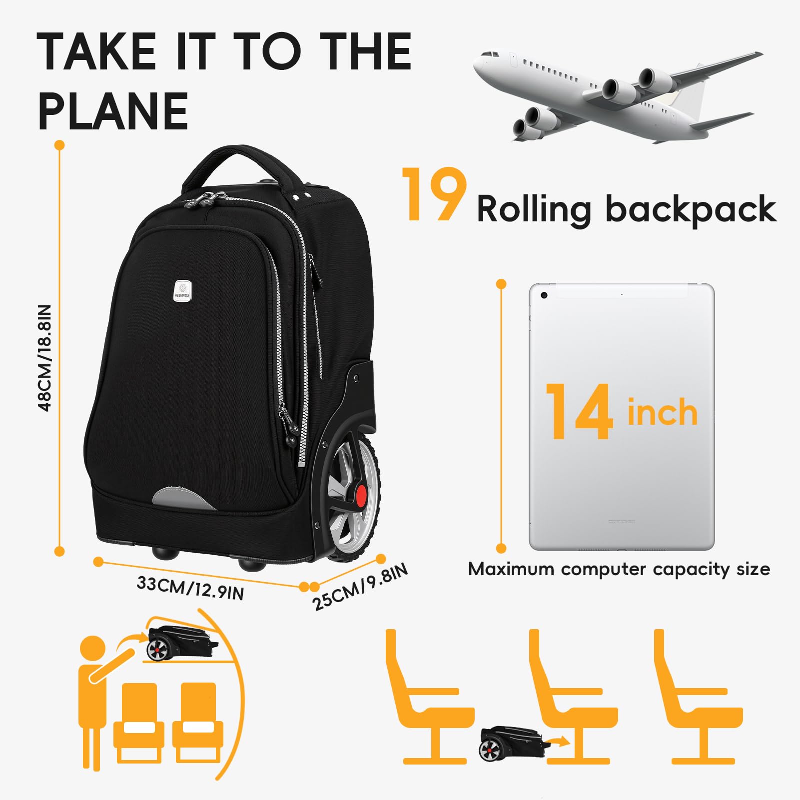 Reiserucksack mit Rollen, 48,3 cm Rolltasche, Laptop-Trolley-Trolley-Tasche, Handgepäck-Koffer für Erwachsene, Business, Uni, Arbeit, Übernachtungsrucksack, Schwarz , S, Klassisch