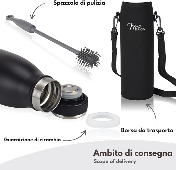 Milu - Thermo in acciaio inox da 350/500/750/1000ml/1,5L borraccia termica, a prova di perdite, a doppia parete, adatta per bevande gassate, con spazzola per la pulizia (Nero, 1L) - 5