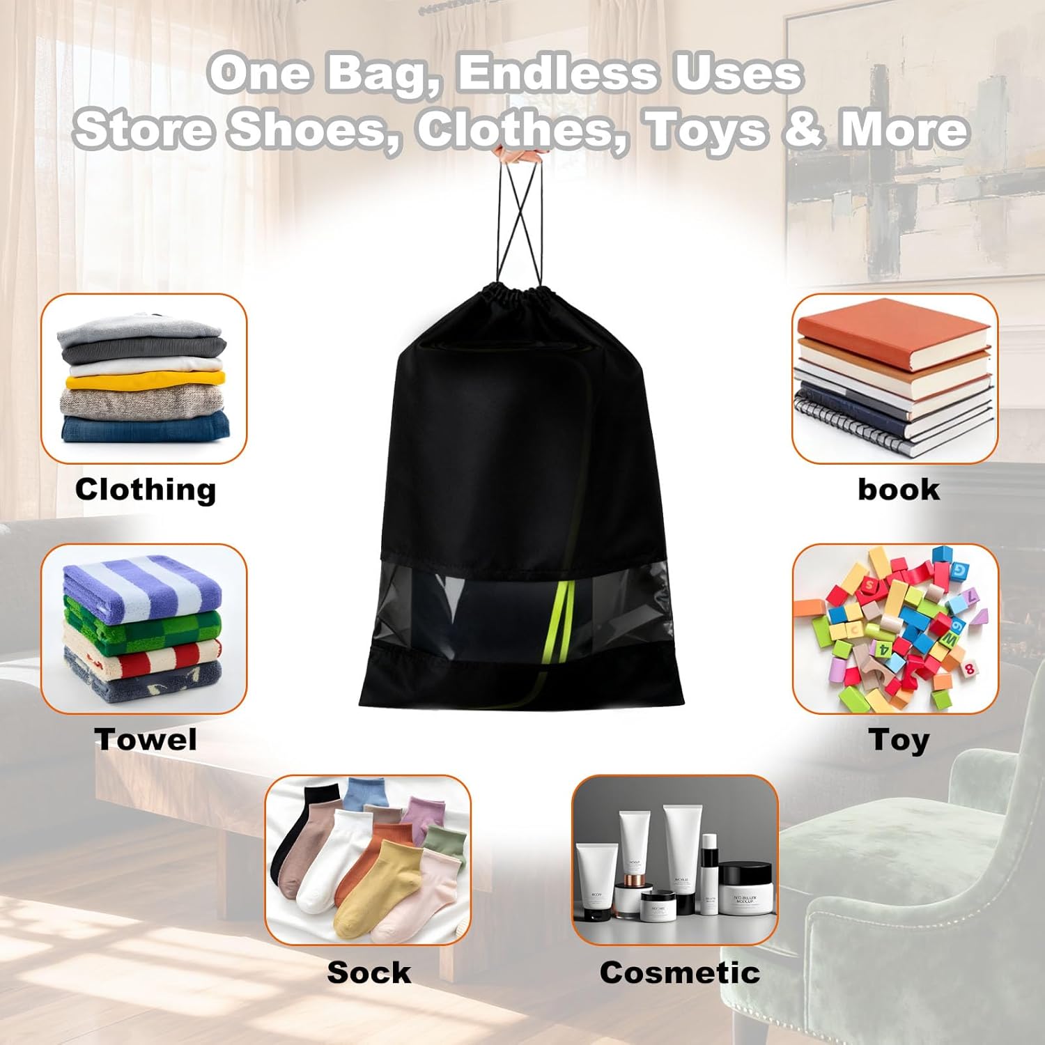 20 Pack Shoe Bags for Travel, 17" x 12.6" Drawstring Shoe Organizers with Clear Window, Breathable Non-Woven Dustproof Pouches for Luggage & Closet (Black) - Image 6