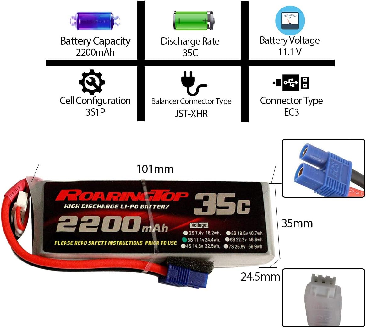 RoaringTop LiPo Battery Dimensions and Connector Types