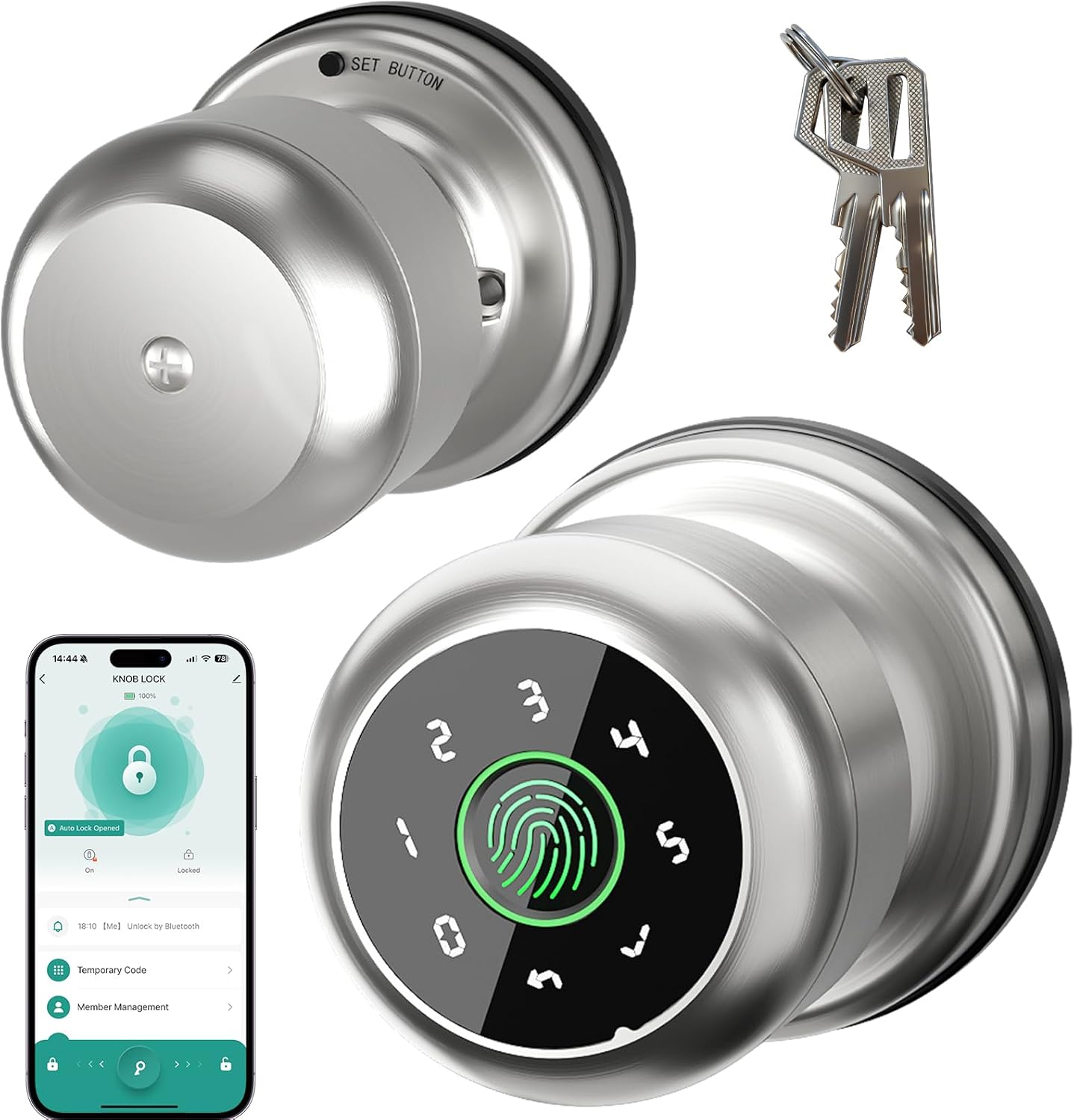 Fingerprint Door Lock for Bedrooms, 4 in 1 Smart Finger Print Door Knob with Code, Smart Door Knob with App Control for Home, Storage Room, Apartment Office and Garages (Stylish Silver)