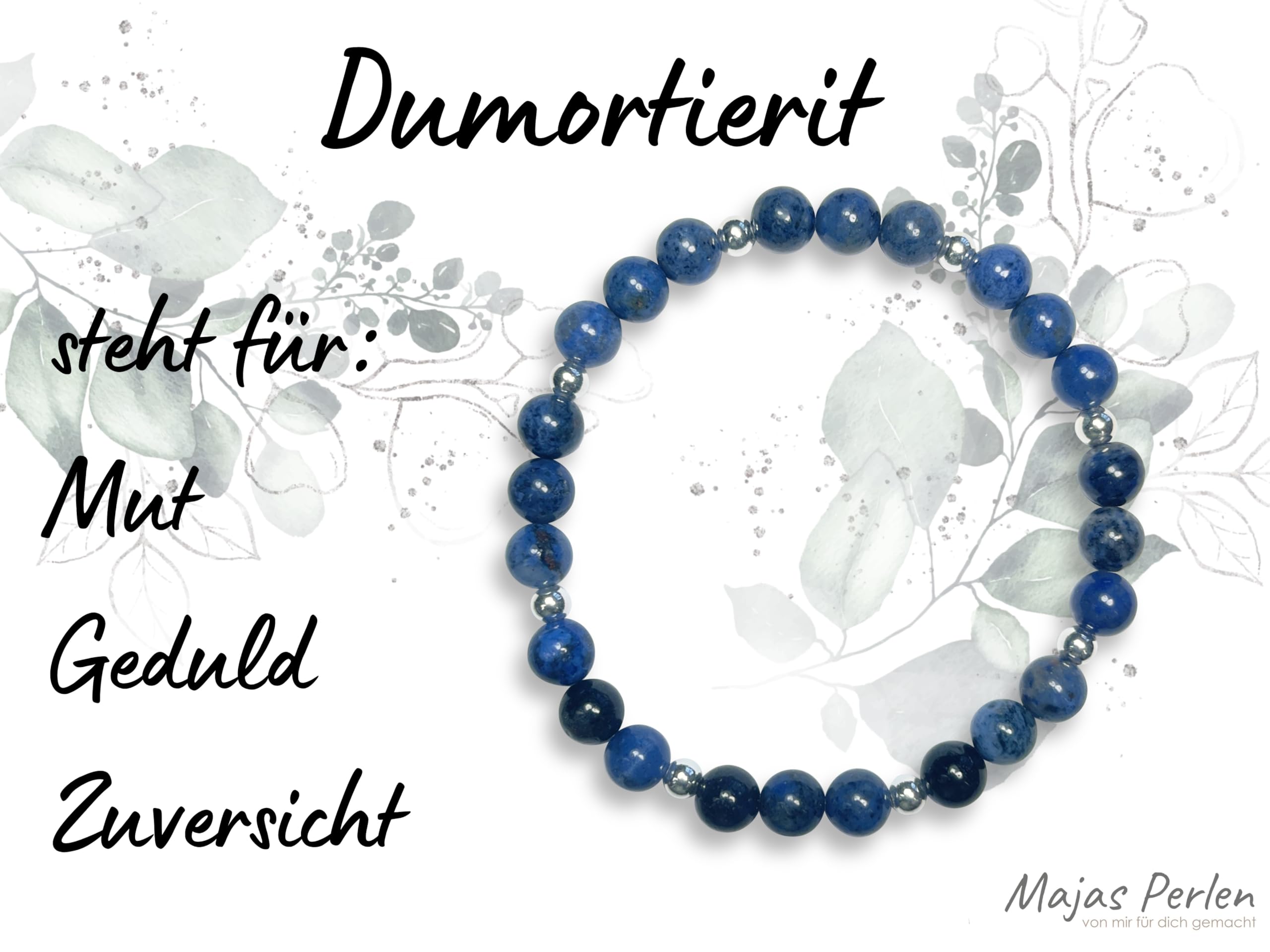 Dumortierit Armband Perlen echt 6mm mit Edelstahlperlen 4mm Silber Gold Roségold oder Ionisiert - Handmade Perlenarmband Mut Geduld Zuversicht - Spiritueller Schmuck Unisex