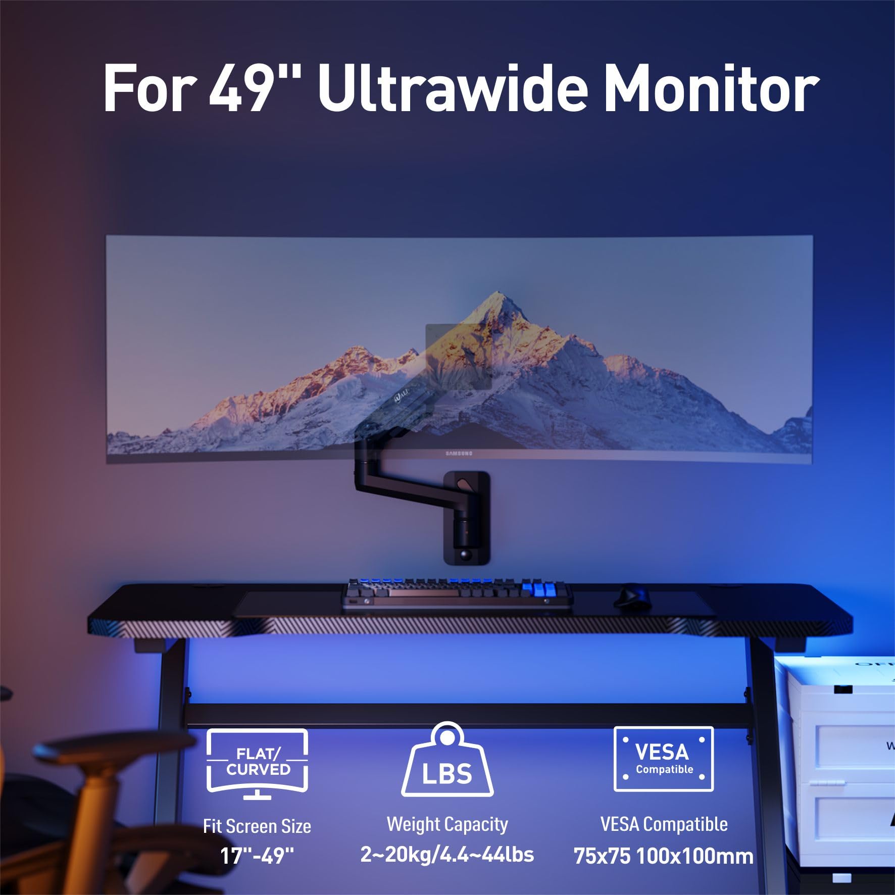 WALI Supporto da parete per monitor singolo, per schermi da 17" a 49", supporto da parete per monitor Ultrawide con braccio completamente regolabile a molla a gas, supporta fino a 20 kg, VESA 75 e 100