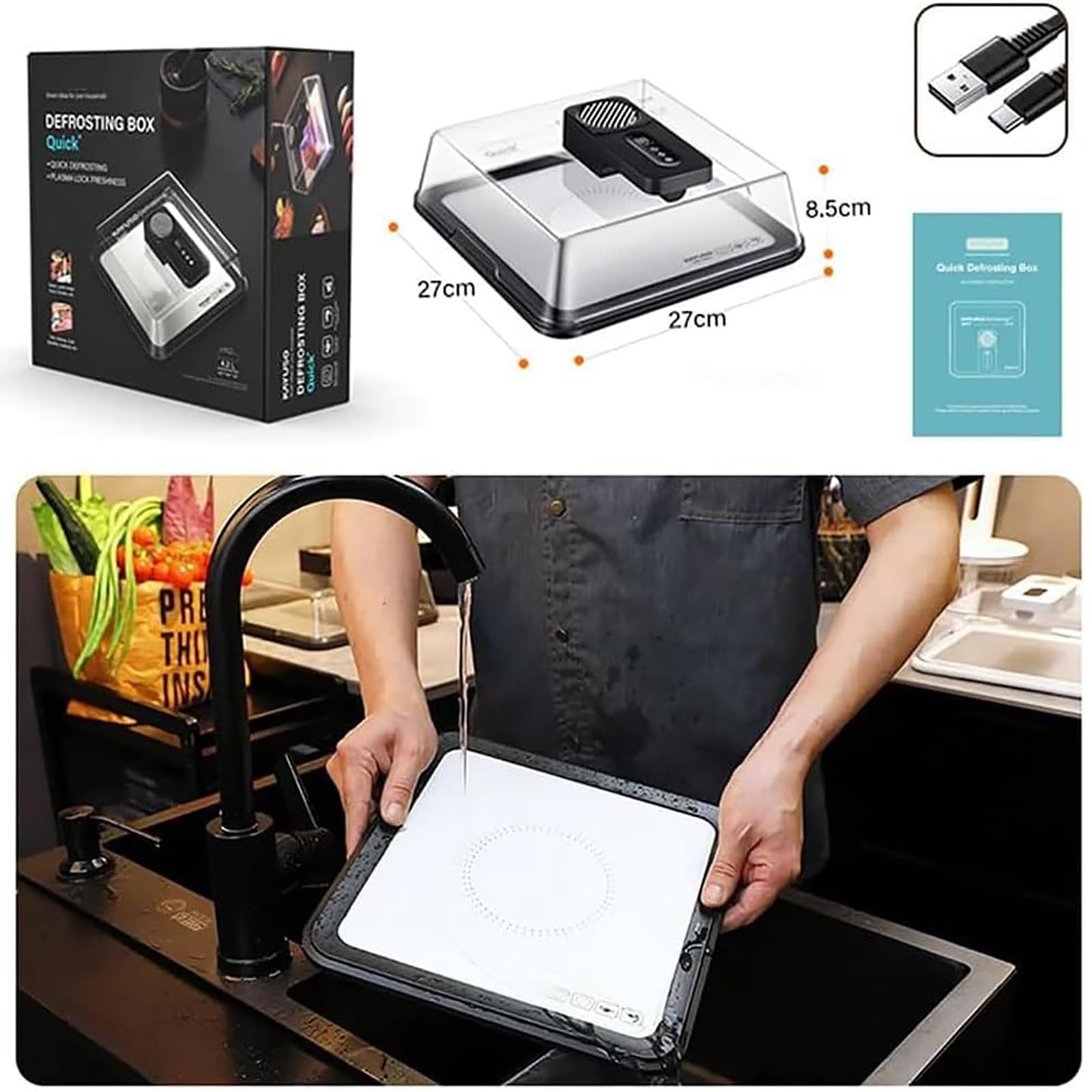 Vassoio elettrico per scongelamento degli alimenti, scatola di scongelamento da 4,2 l con coperchio, controller intelligente per scongelamento rapido, design ricaricabile, ideale per campeggio e