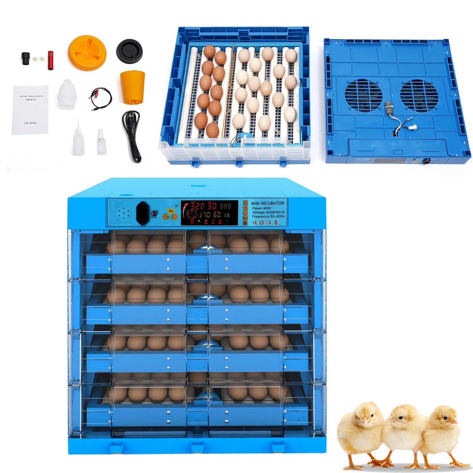 Incubadora Huevos Gallina con Volteo Automático de Huevos, Añadir Agua Automáticamente y Lámparas de Huevo, para Incubar Pollo, Pato y Huevos de Golosinas,256Egg