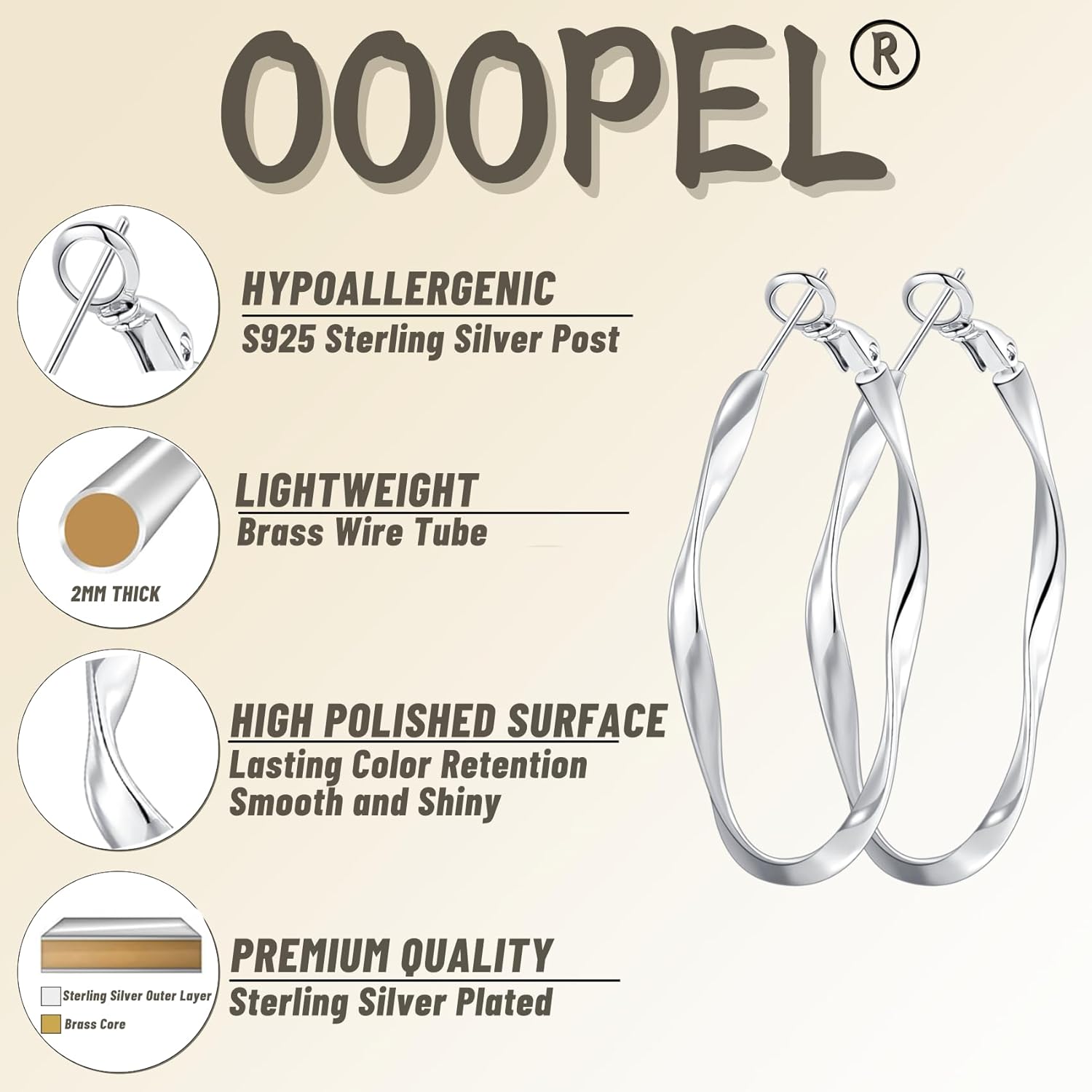 OOOPEL Gold Hoops Earrings for Women, Big 925 Sterling Silver Hoop Earrings Lightweight Hypoallergenic Sterling Silver Hoop Earrings for Women 30MM 40MM 50MM 60MM - Image 3