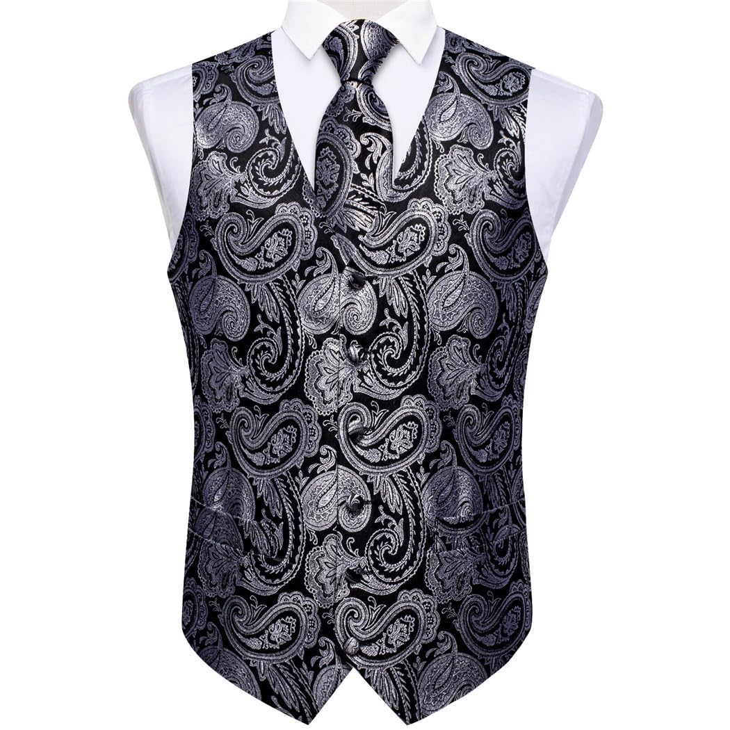 FULBHPRINT Set Da Uomo Nero Per La Festa Nuziale, Gilet Da Lavoro, Cravatta, Spilla, Gemelli Quadrati, Papillon